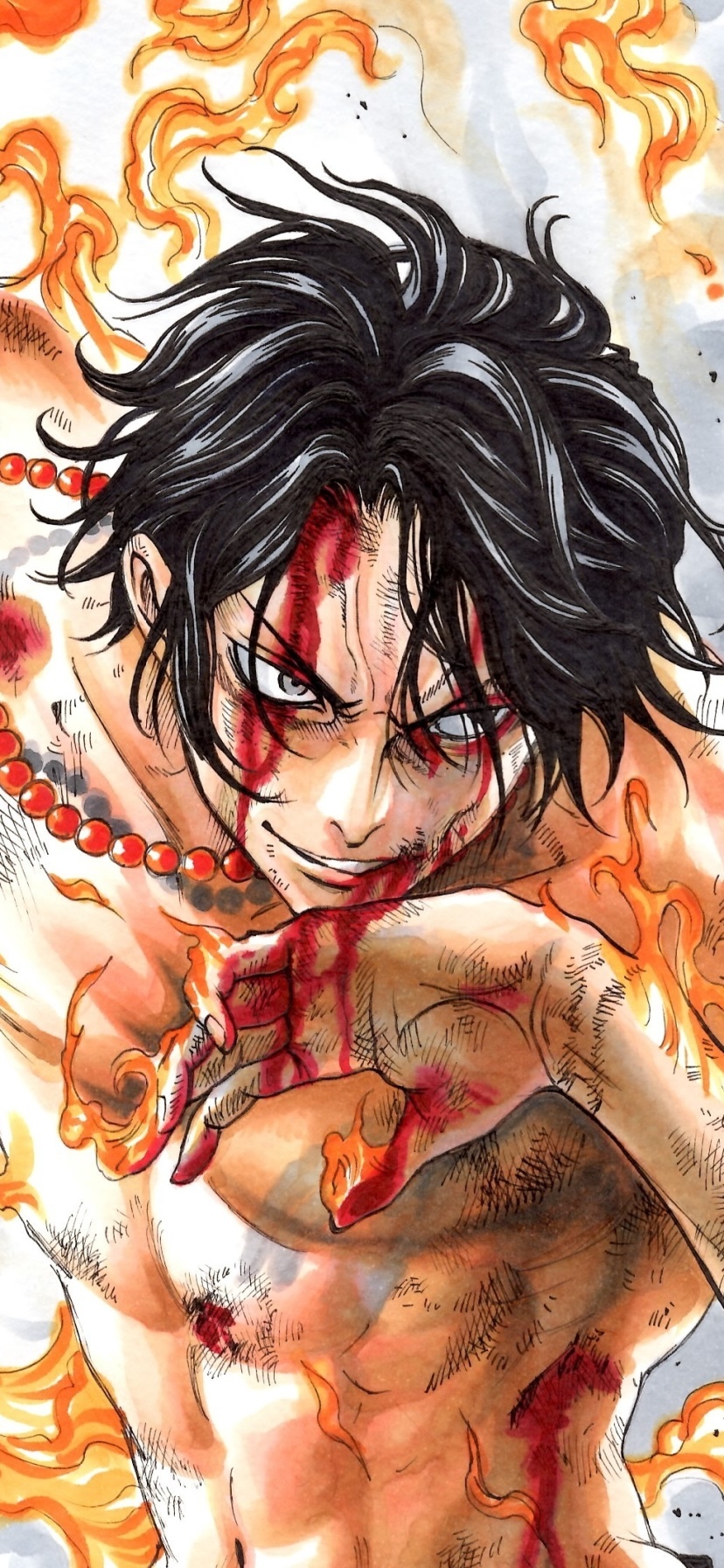 Anime One Piece, Black Hair, Portgas D. Ace, Blood, Flame, Tattoo, 828x1792, Phone HD Wallpaper