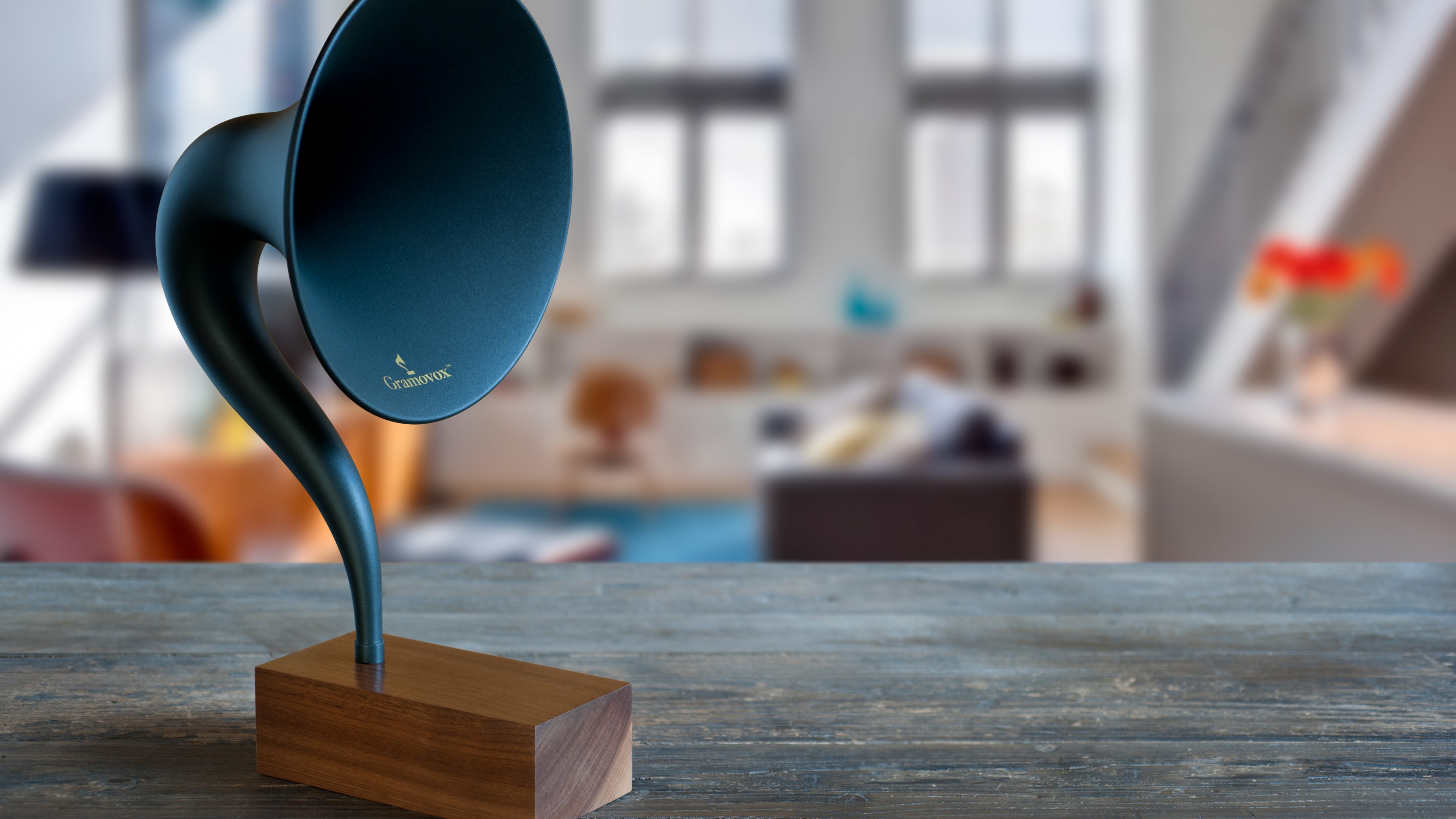 Gramovox, bluetooth, gramophone, music, sound, blue, room, nostalgia, HD Wallpaper