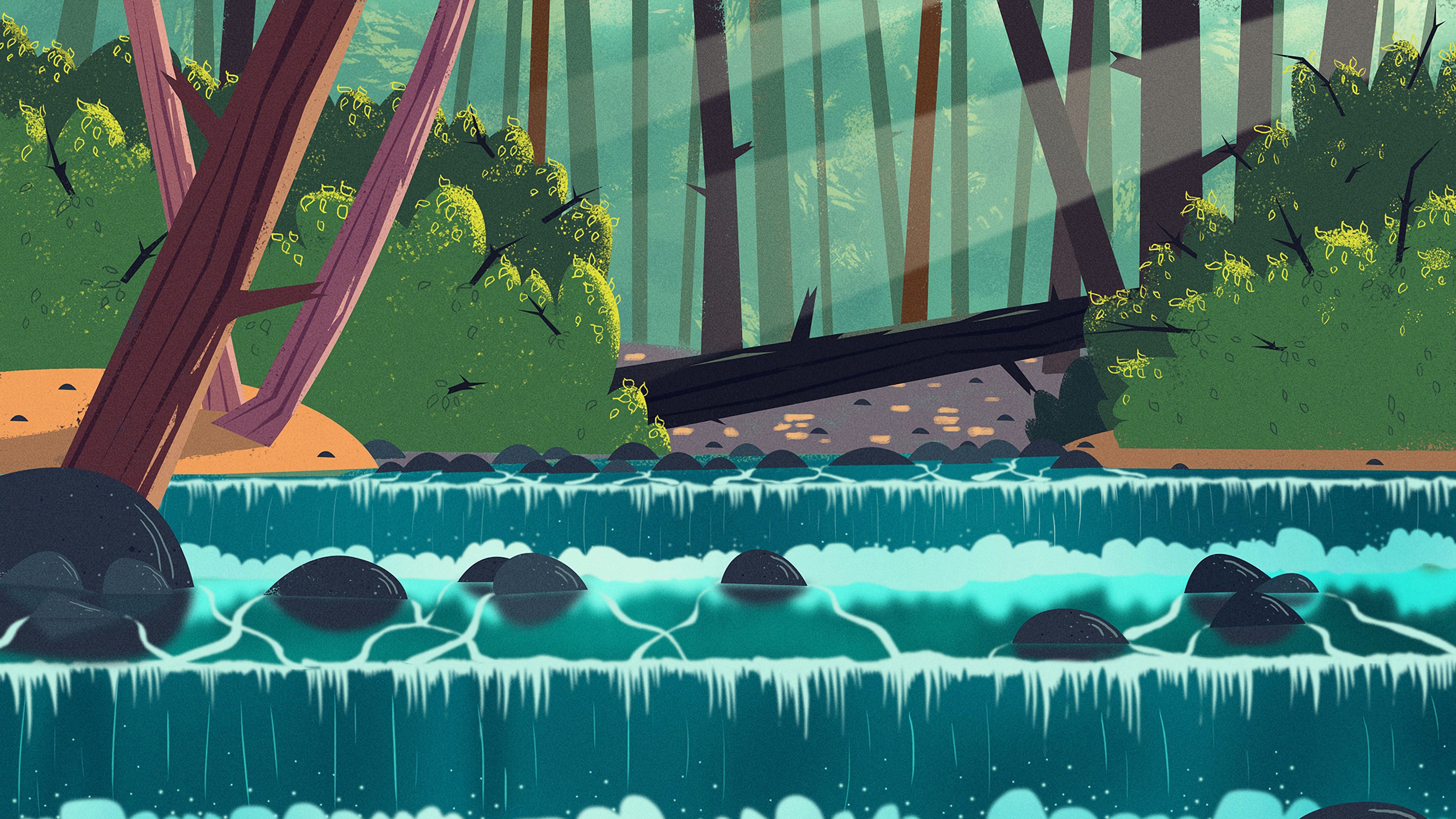 waterfall, water, trees, stones, art, 4k, HD Wallpaper
