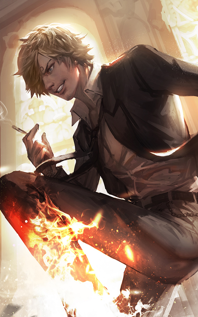 Anime One Piece, Fire, Blonde, Blue Eyes, Cigarette, Sanji (One Piece), 800x1280, Phone HD Wallpaper