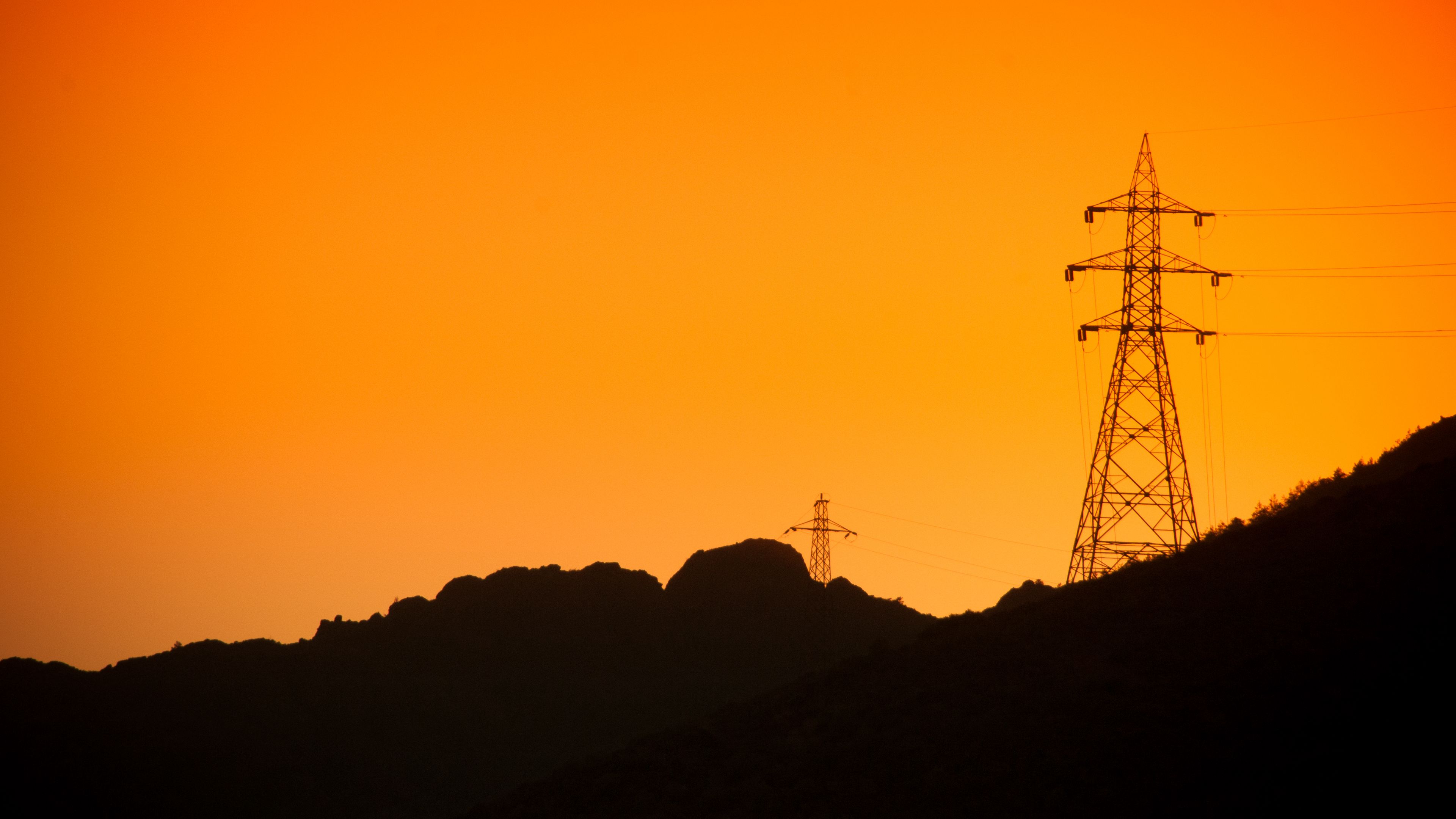 hills, electric poles, dusk, sunset, orange, 4k, HD Wallpaper