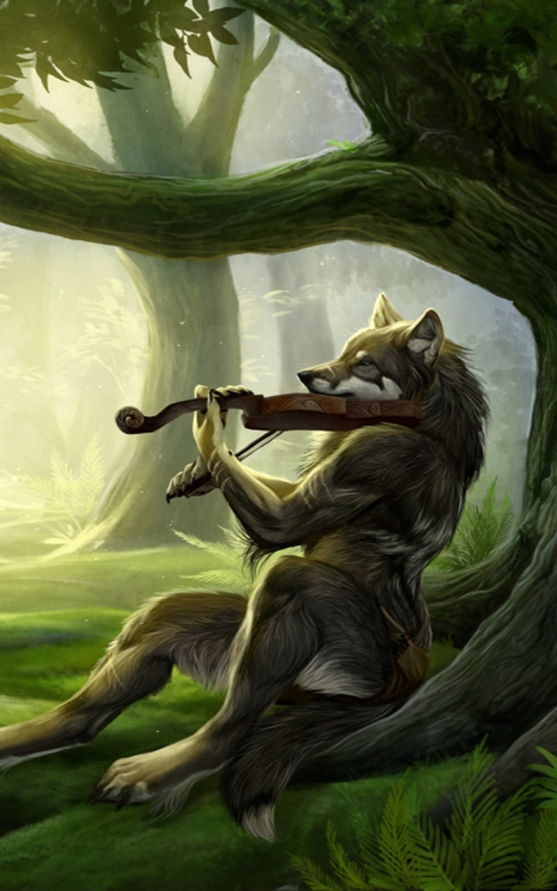 Fantasy Wolf, Violin, Forest, 800x1280, Phone HD Wallpaper