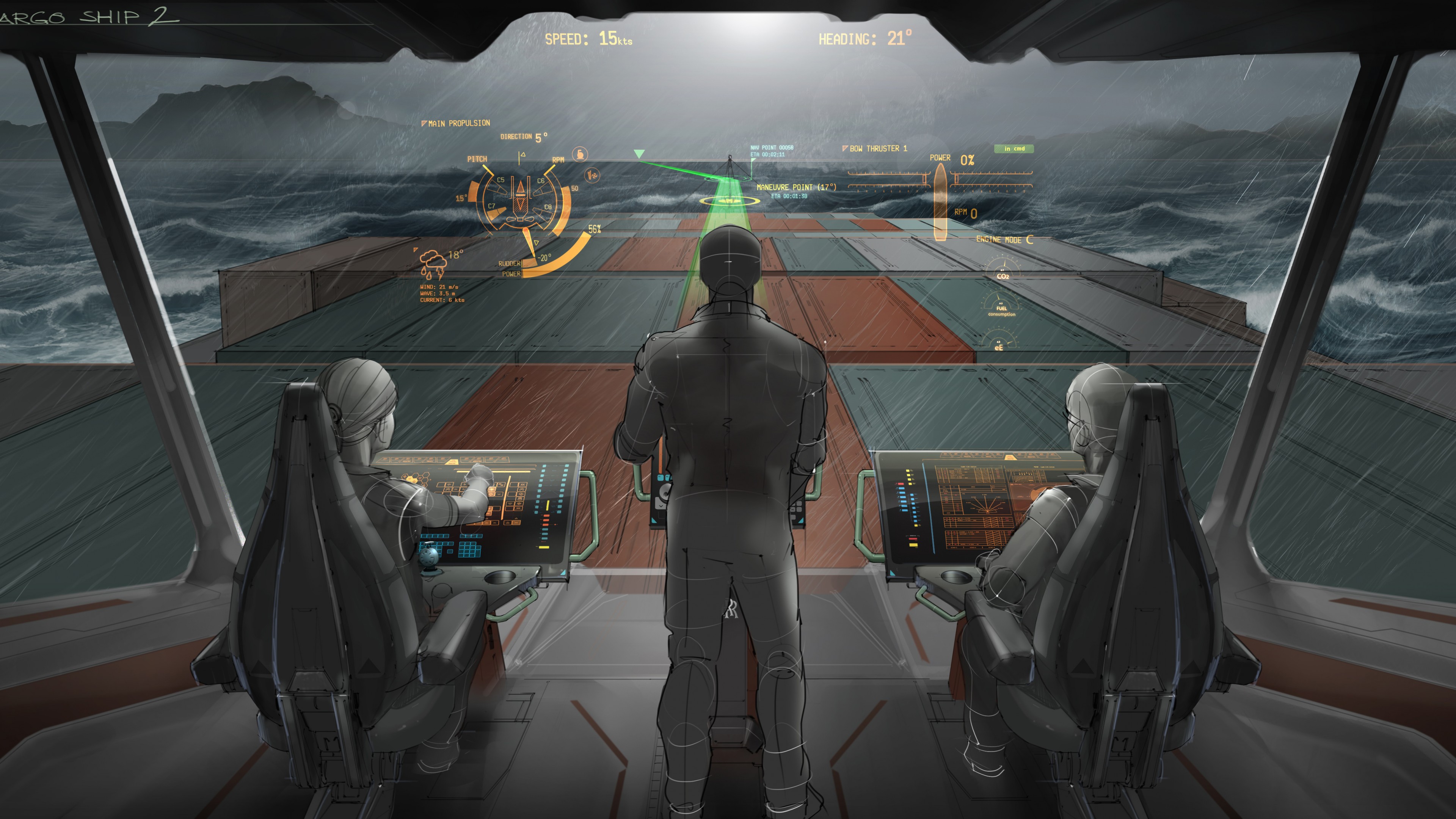 cargo ship envisioning, 2025, future, illustration, bridge, containers, HD Wallpaper