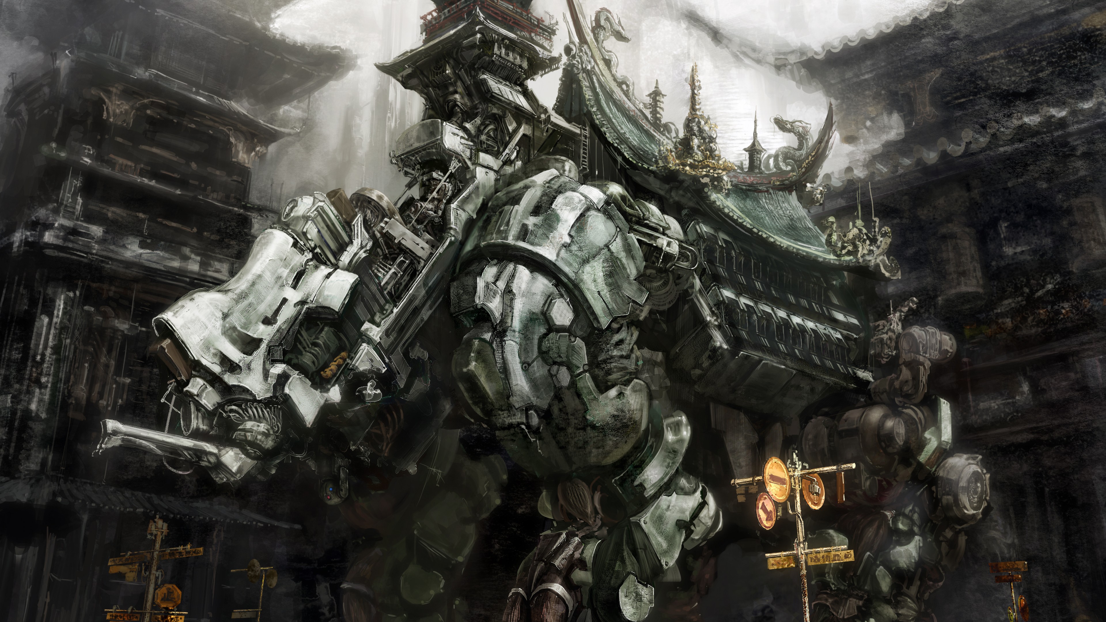 Futuristic mecha, grey, artwork, anime, art, city, HD Wallpaper