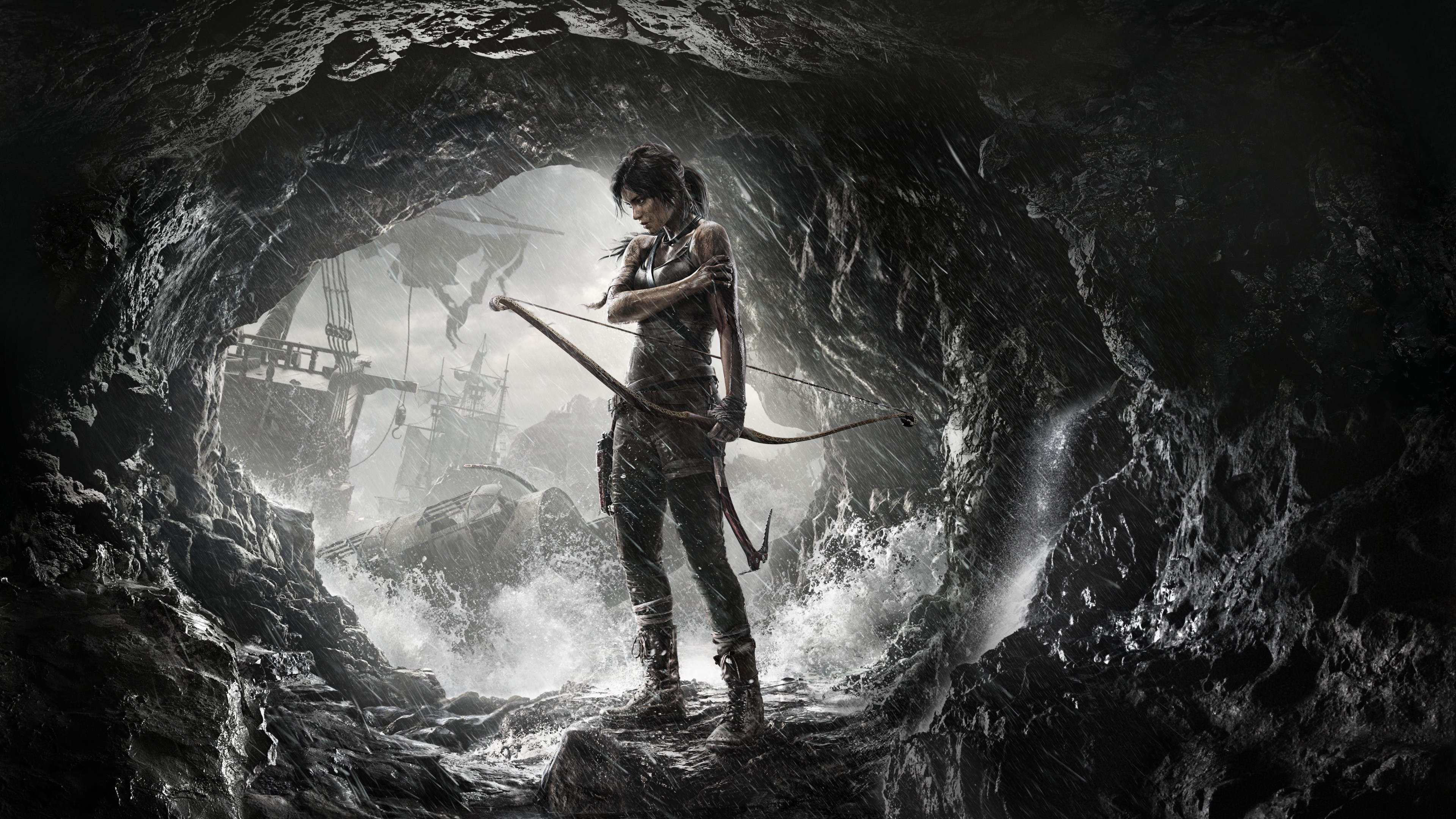 Rise of the Tomb Raider, game, cave, rain, bow, water, ship, lara croft, screenshot, , 4k, 4K, PC, 2015, HD Wallpaper