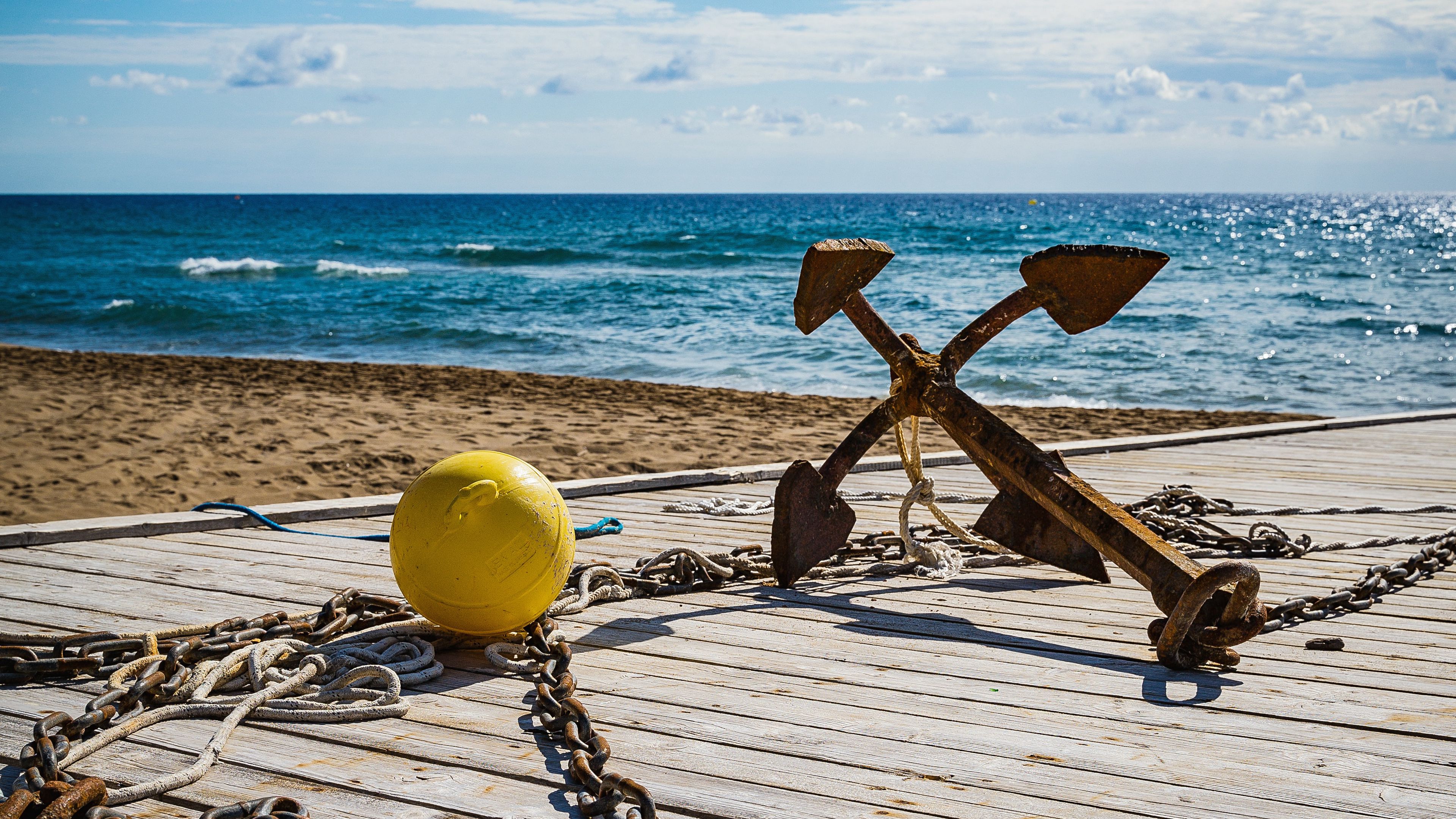 anchor, shore, wooden, sea, 4k, HD Wallpaper