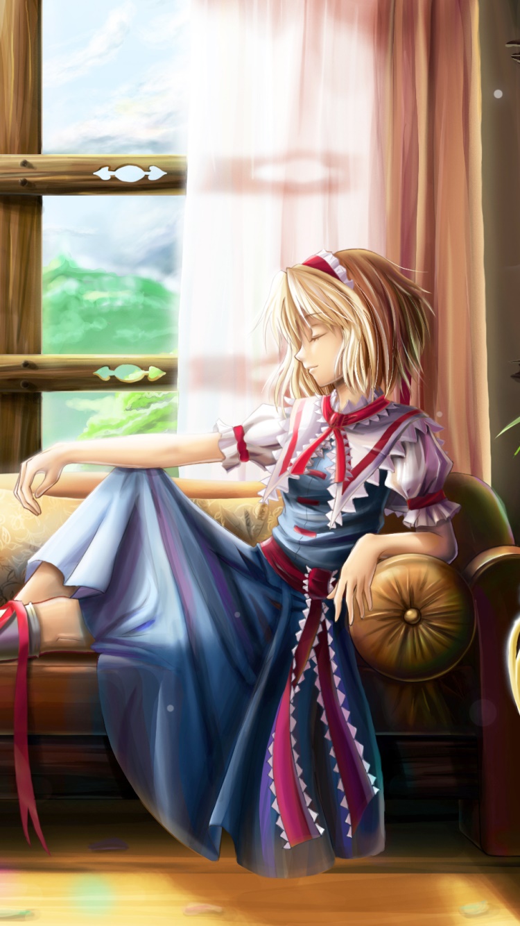 Anime Touhou, Sleeping, Blue Dress, Alice Margatroid, Blonde, 750x1334, Phone HD Wallpaper
