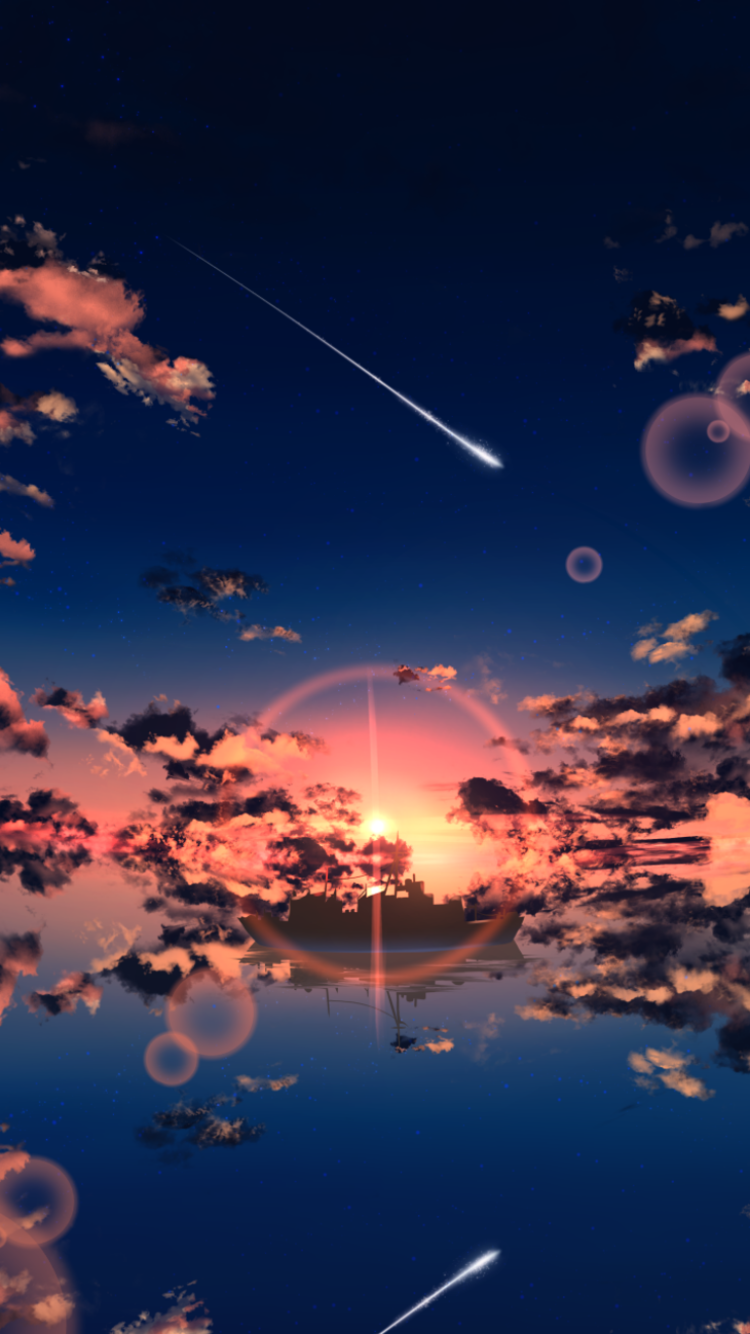 Anime Sunset, Shooting Star, Cloud, Reflection, 750x1334, Phone HD Wallpaper