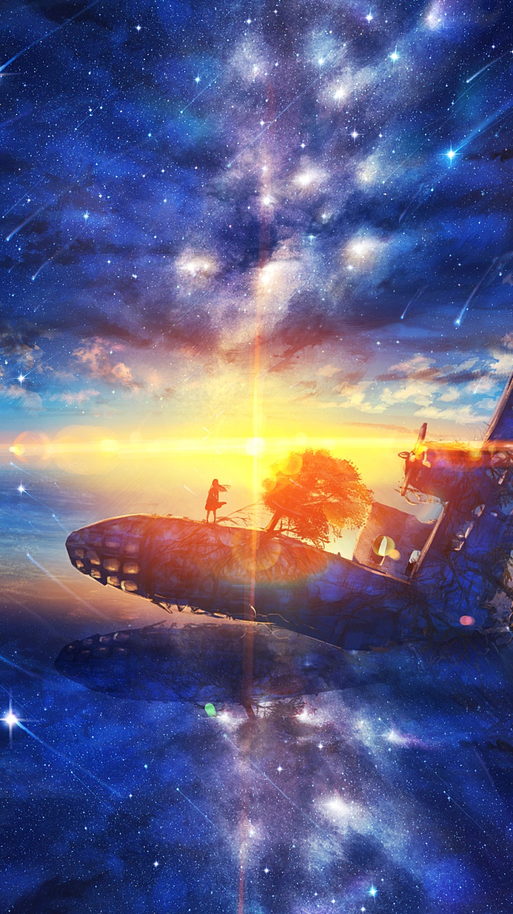 Anime Sunset, Airplane, Starry Sky, Stars, Shooting Star, 750x1334, Phone HD Wallpaper
