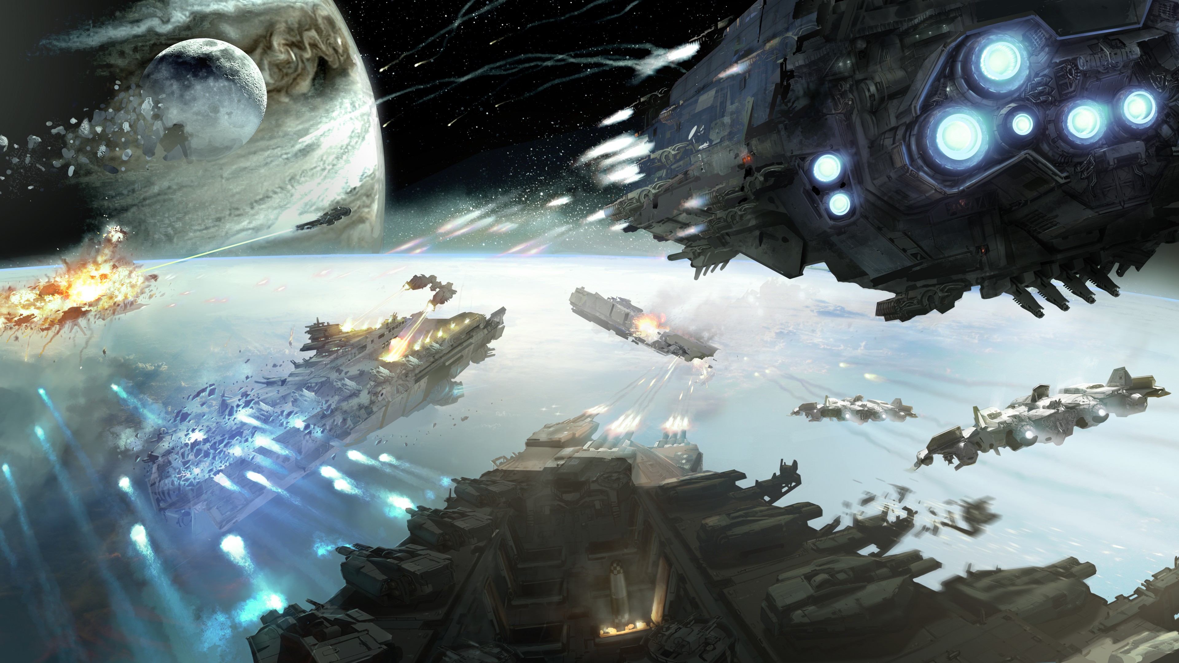 Dreadnought, game, space, battle, planet, starship, fire, galaxy, art, screenshot, 4k, 4K, PC, 2015, HD Wallpaper