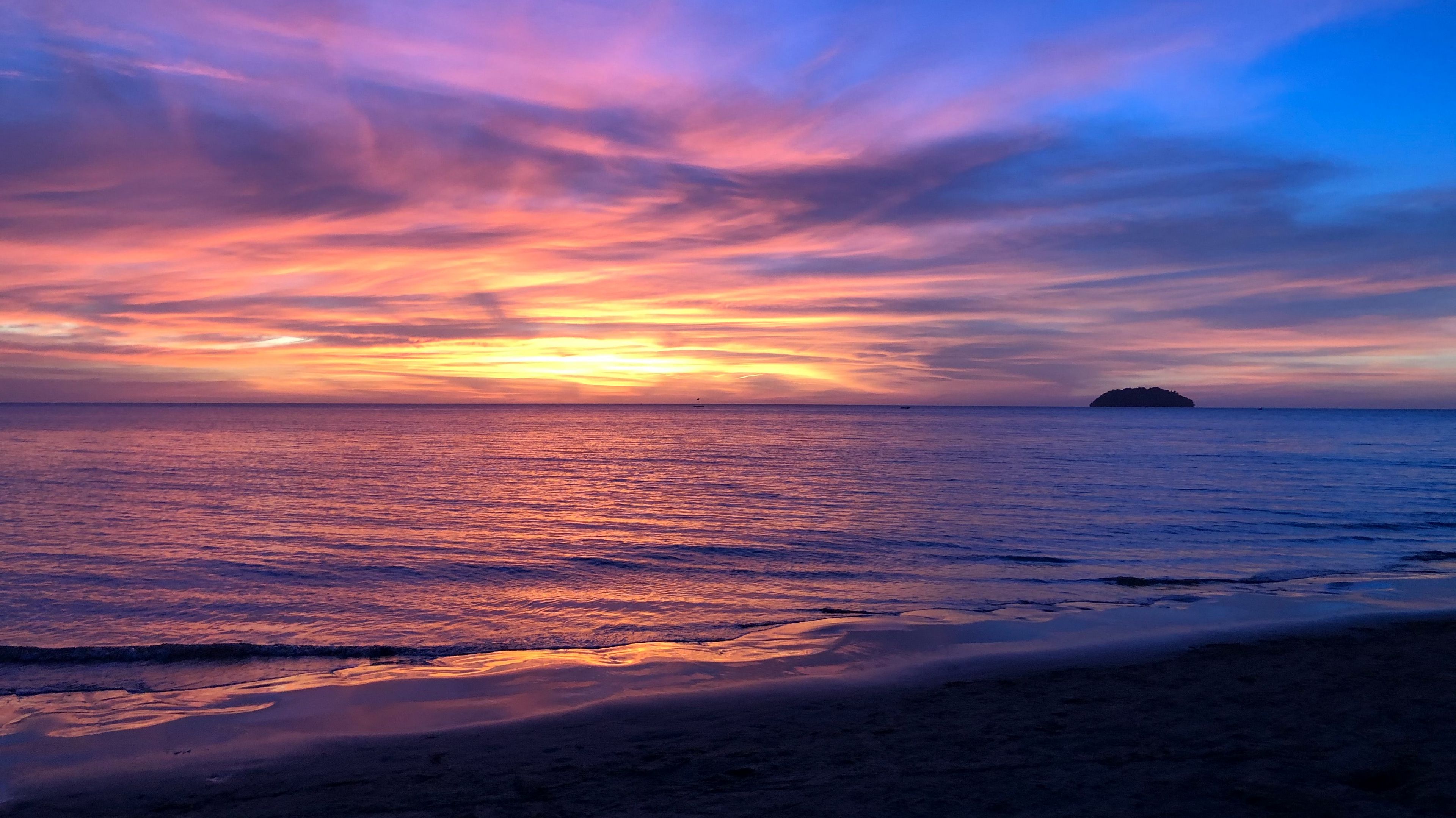 sunset, sky, coast, water, 4k, HD Wallpaper