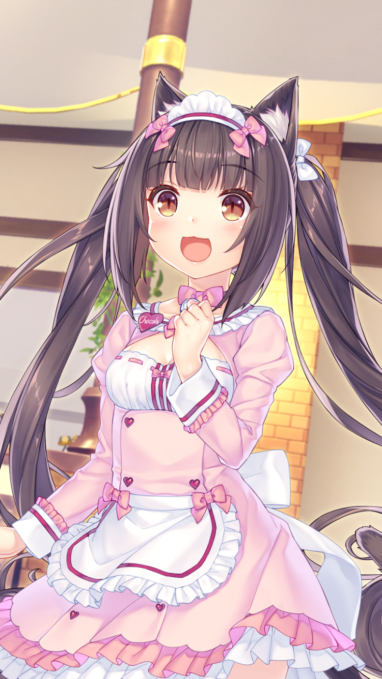 Anime NEKOPARA, Animal Ears, Long Hair, Chocola (Nekopara), Maid, Brown Hair, 750x1334, Phone HD Wallpaper