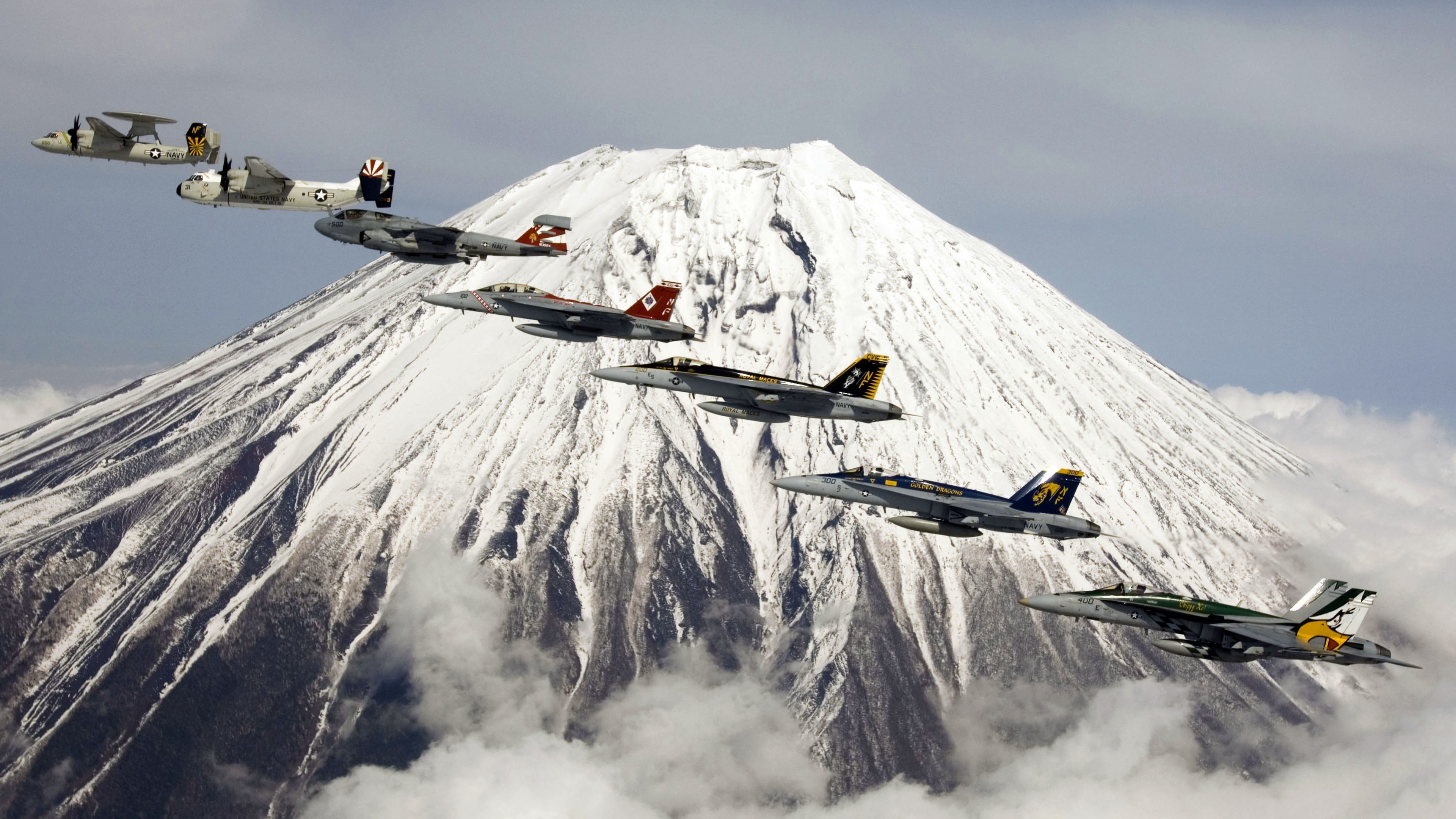 U.S. Navy, aircraft, carrier, jet, fighter, mountain, Fuji, Japan, HD Wallpaper