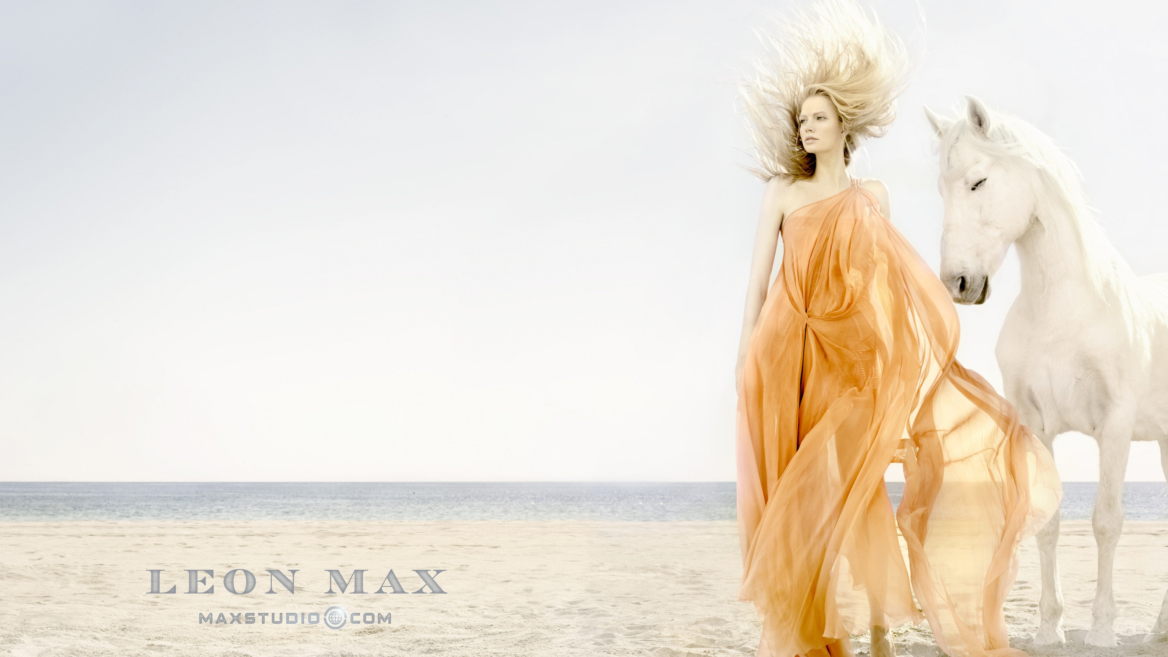 Katia Elizarova, model, blonde, horse, beach, yellow, sand, sea, wind, HD Wallpaper