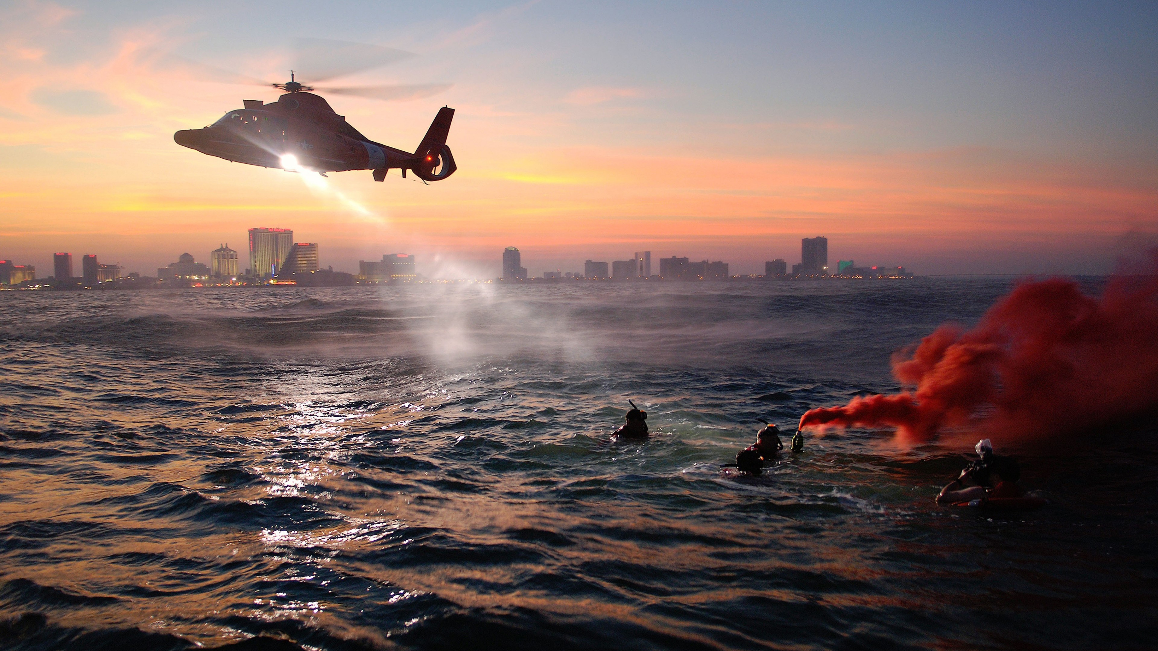 coast guard, rescue, MEDEVAC, rescue helicopter, training, sea, night, HD Wallpaper
