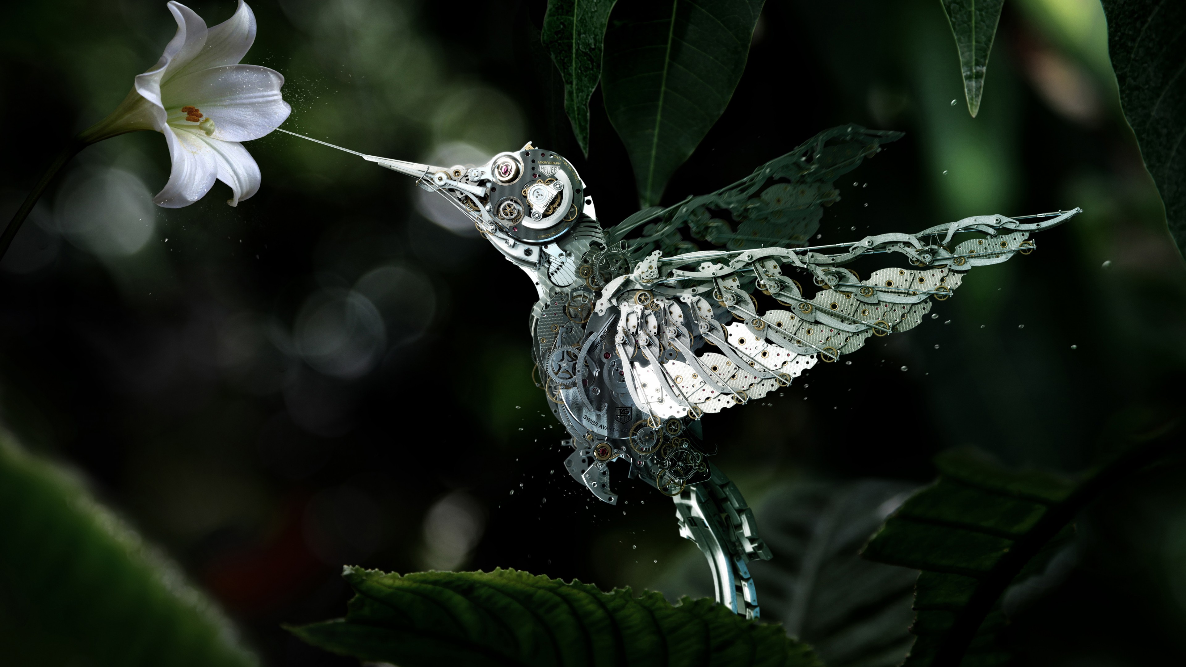 Hummingbird, Сolibri, steampunk, flower, leaves, green, drops, flying, bird, nectar, garden, nature, mechanical, HD Wallpaper