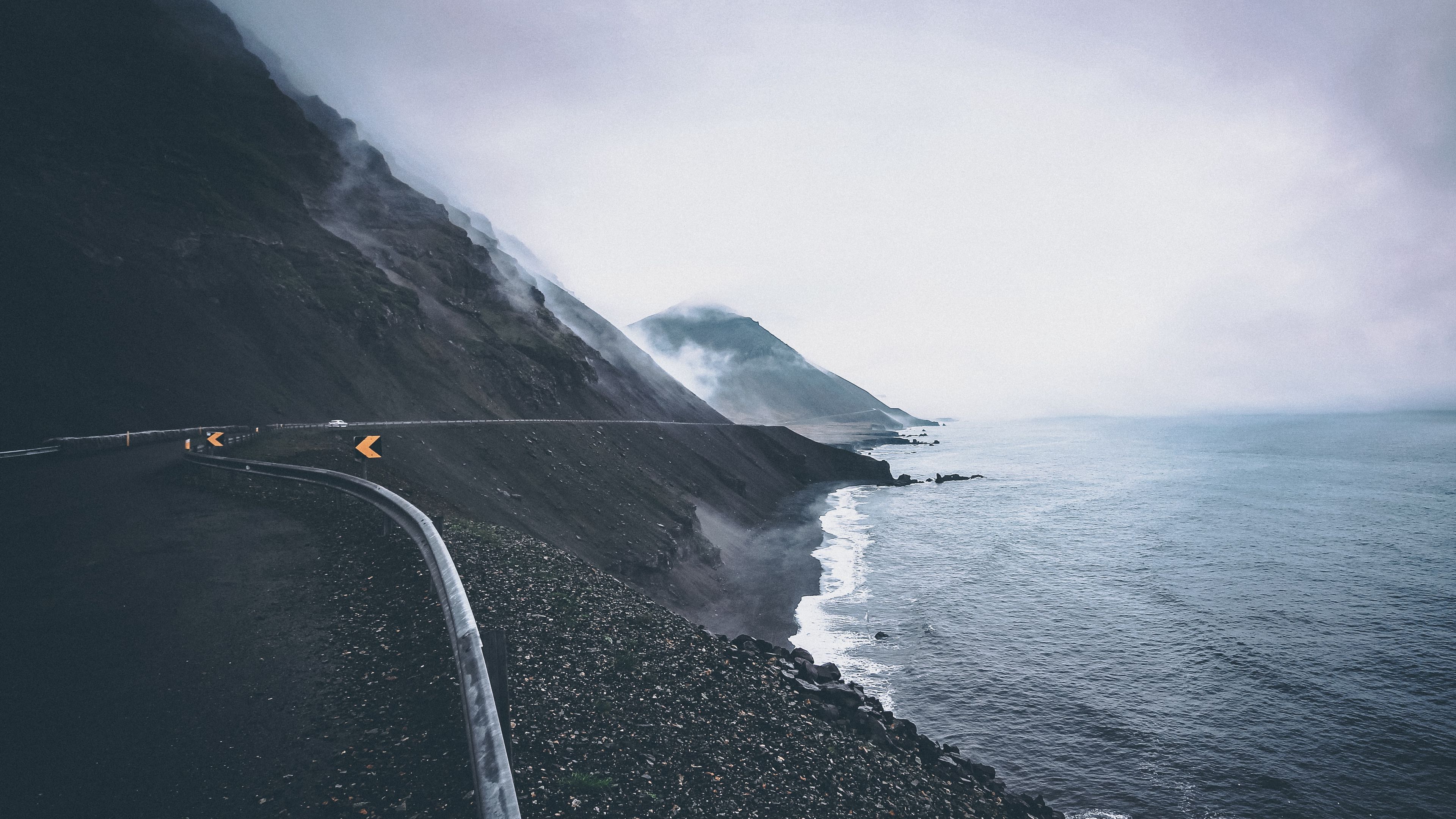 coast, road, sea, mountains, fog, 4k, HD Wallpaper