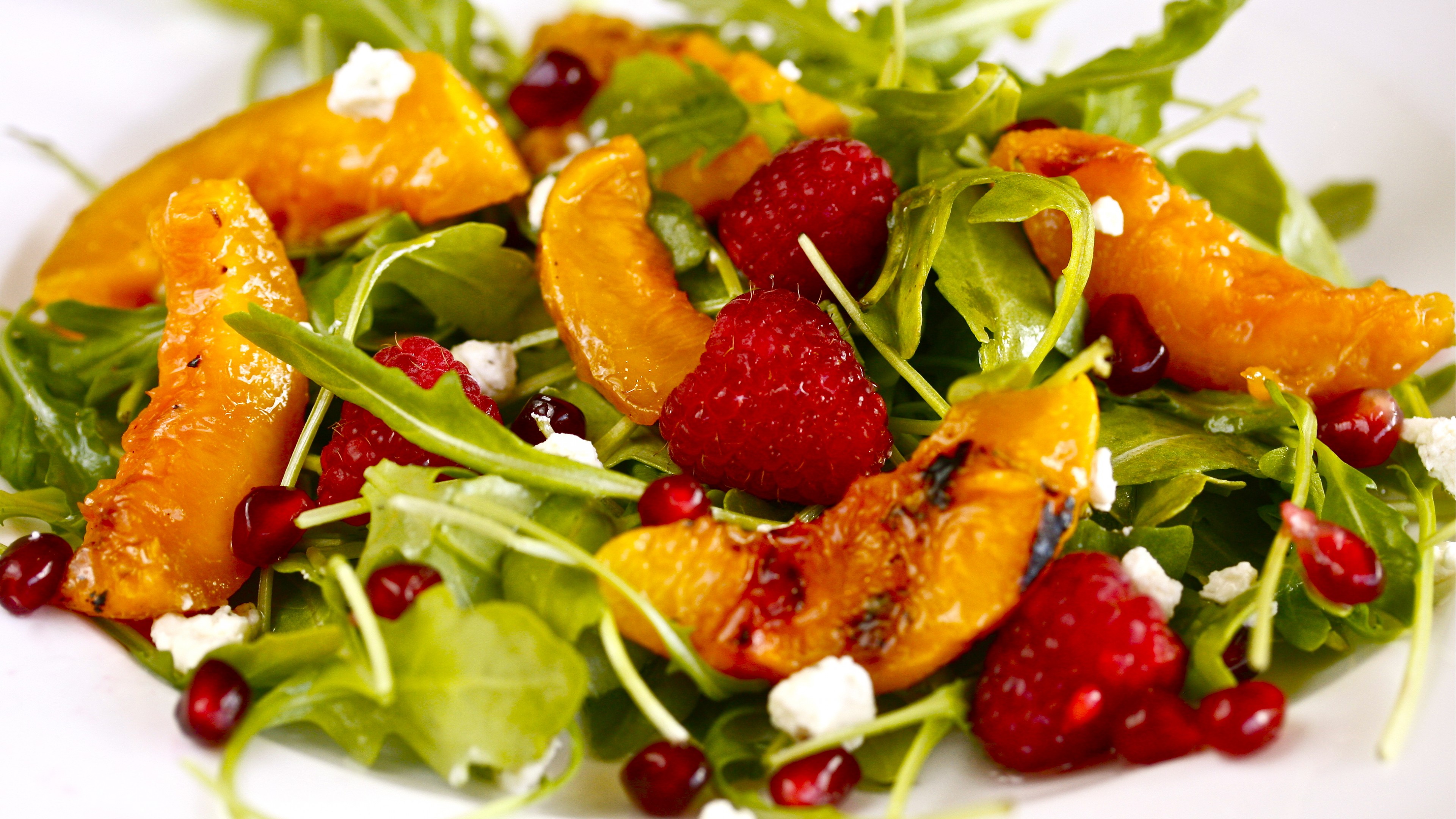 arugula, pomegranates, raspberries, nectarines caramelized, recipe, cooking, HD Wallpaper