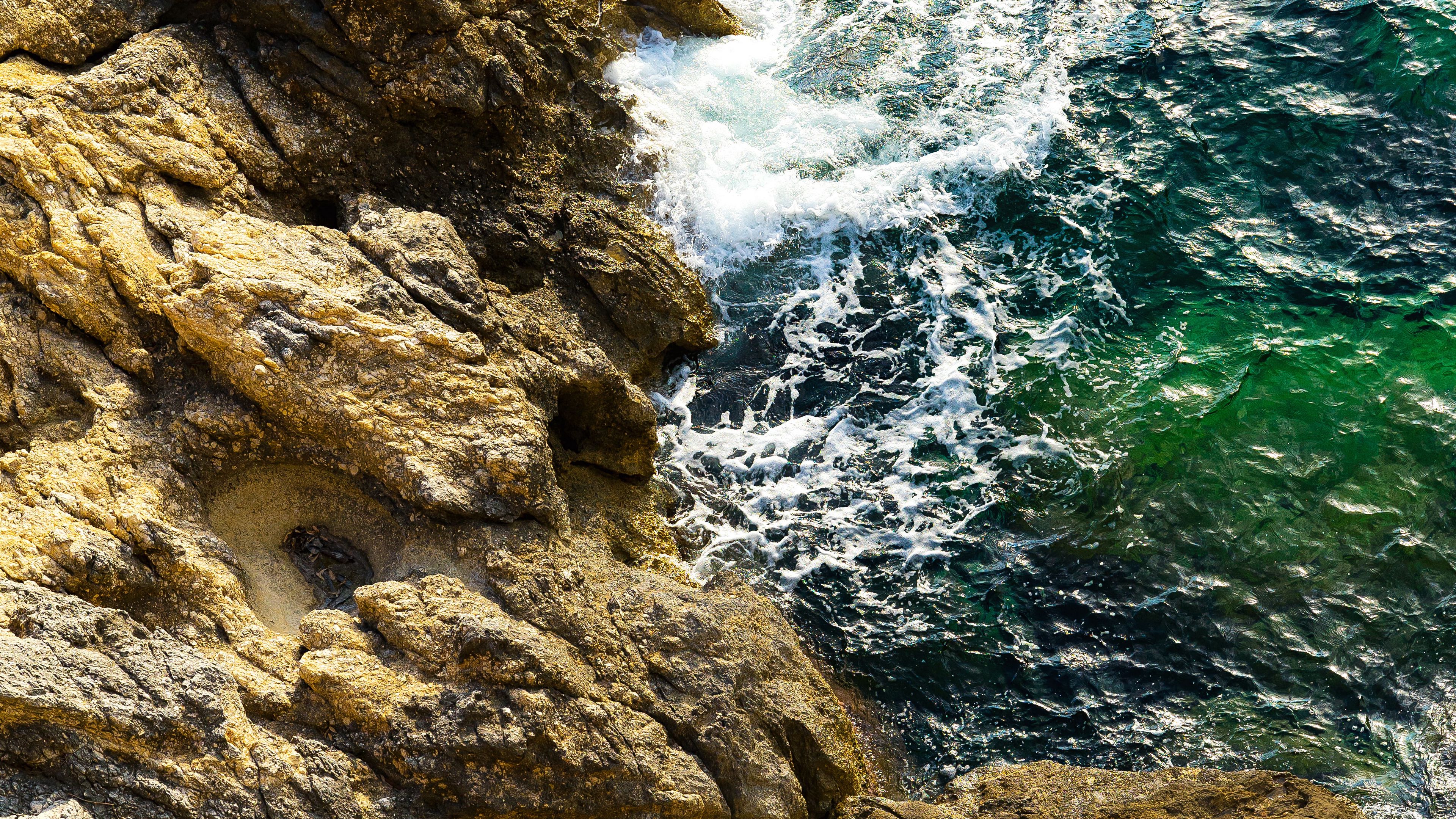 rocks, waves, spray, foam, 4k, HD Wallpaper