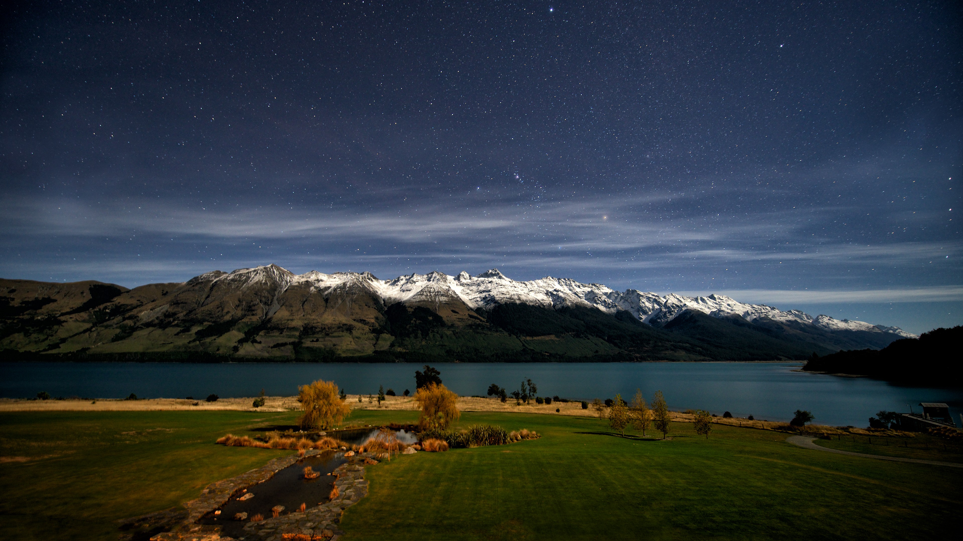 New Zealand, 4k, Queenstown, Lake Wakatipu, stars, mountain, snow, green grass, sky, landscape, HD Wallpaper