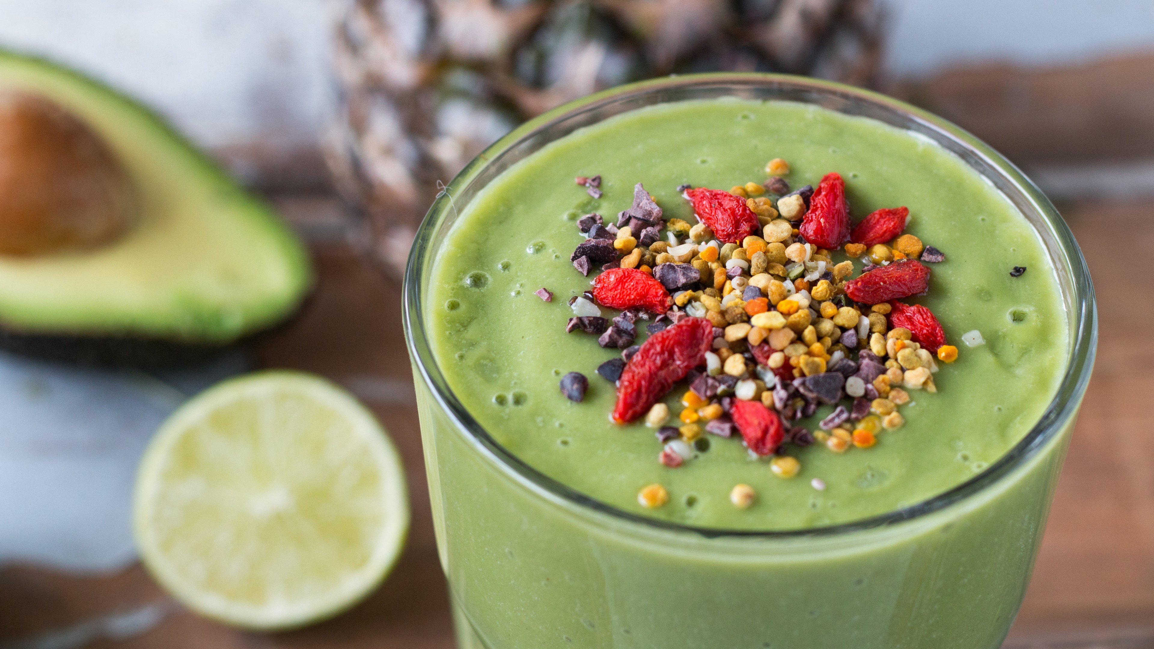 smoothies, lime, avocado, pineapple, goji berries, nuts, HD Wallpaper
