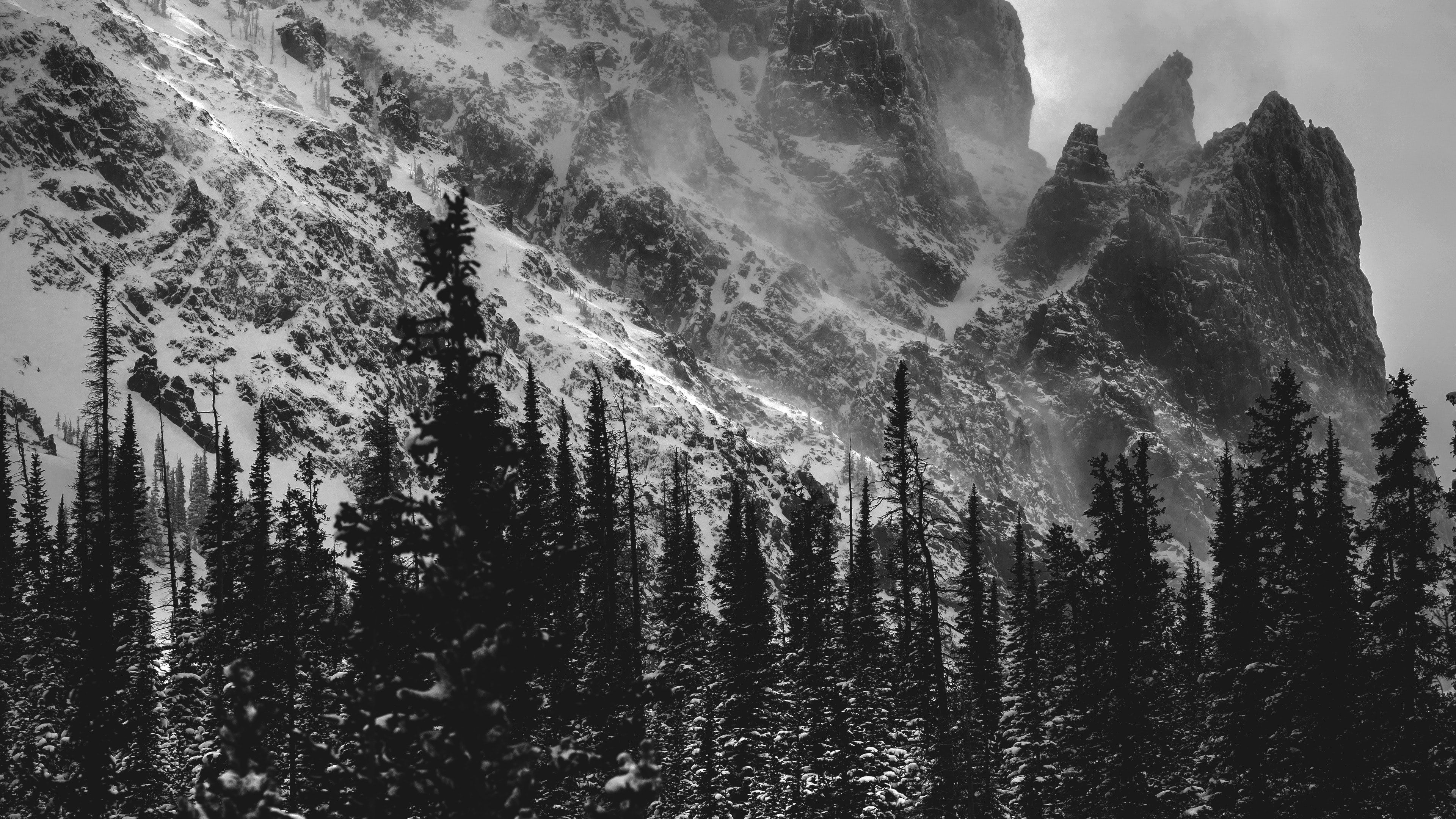 bw, mountains, rocks, snow, 4k, HD Wallpaper