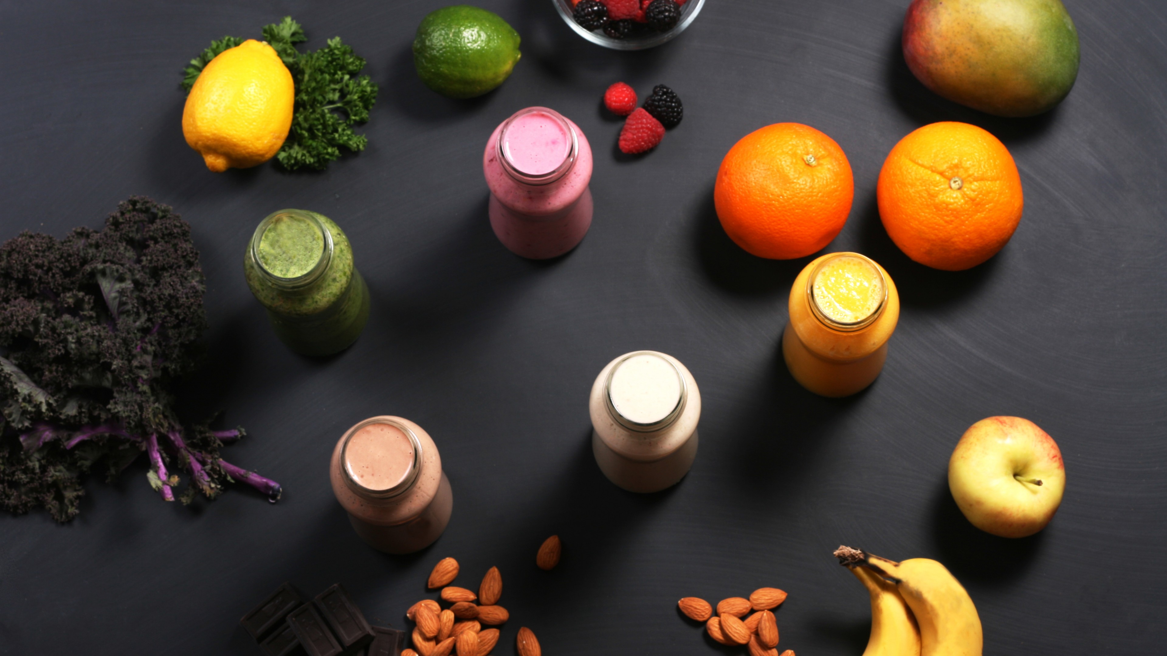 smoothies, fruit, banana, apple, orange, nuts, chocolate, mango, lemon, lime, blackberry, raspberry, HD Wallpaper