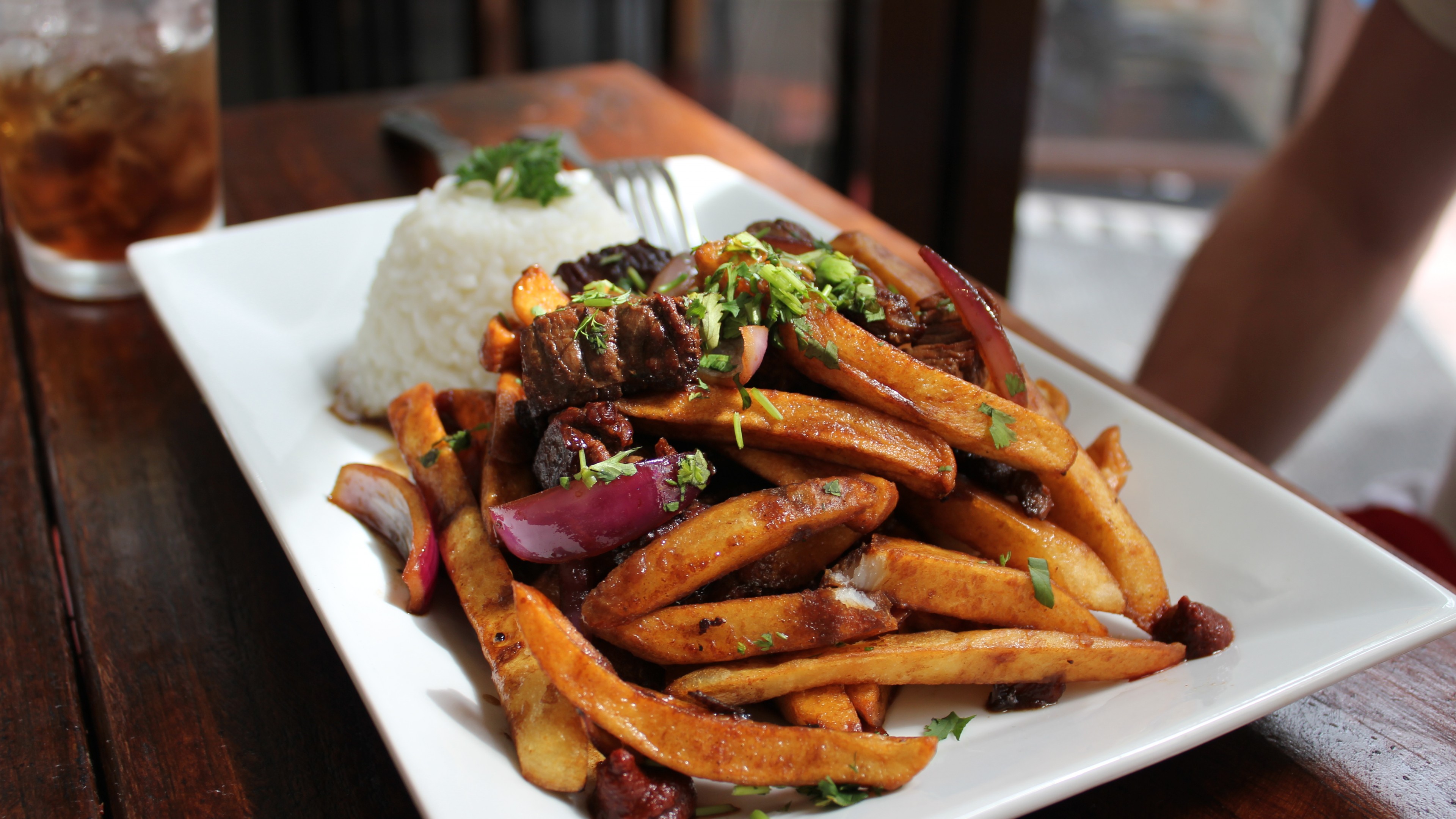 burger salad, potatoes, meat, beef, tomatoes, HD Wallpaper