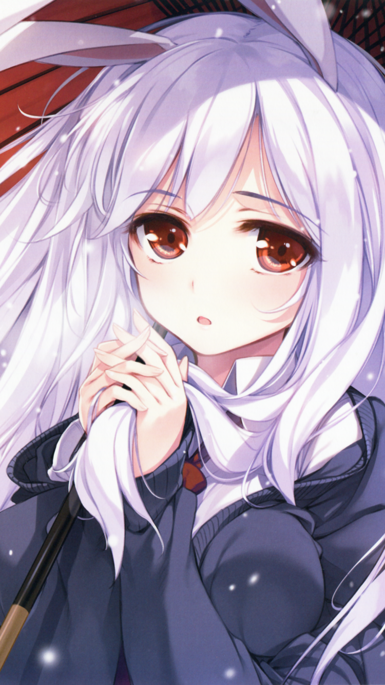 Anime Touhou, Red Eyes, Animal Ears, Reisen Udongein Inaba, Umbrella, Long Hair, 750x1334, Phone HD Wallpaper