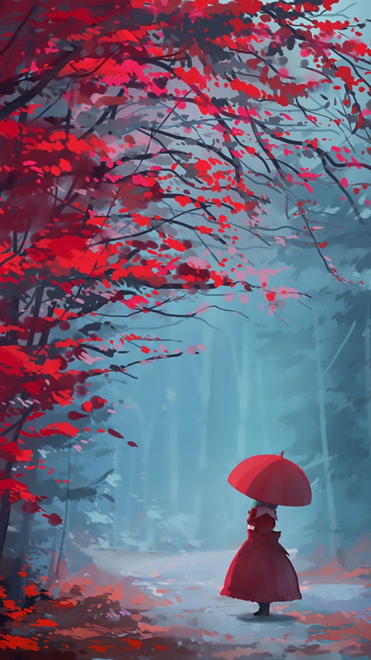 Anime Touhou, Umbrella, Red Dress, Hina Kagiyama, 750x1334, Phone HD Wallpaper