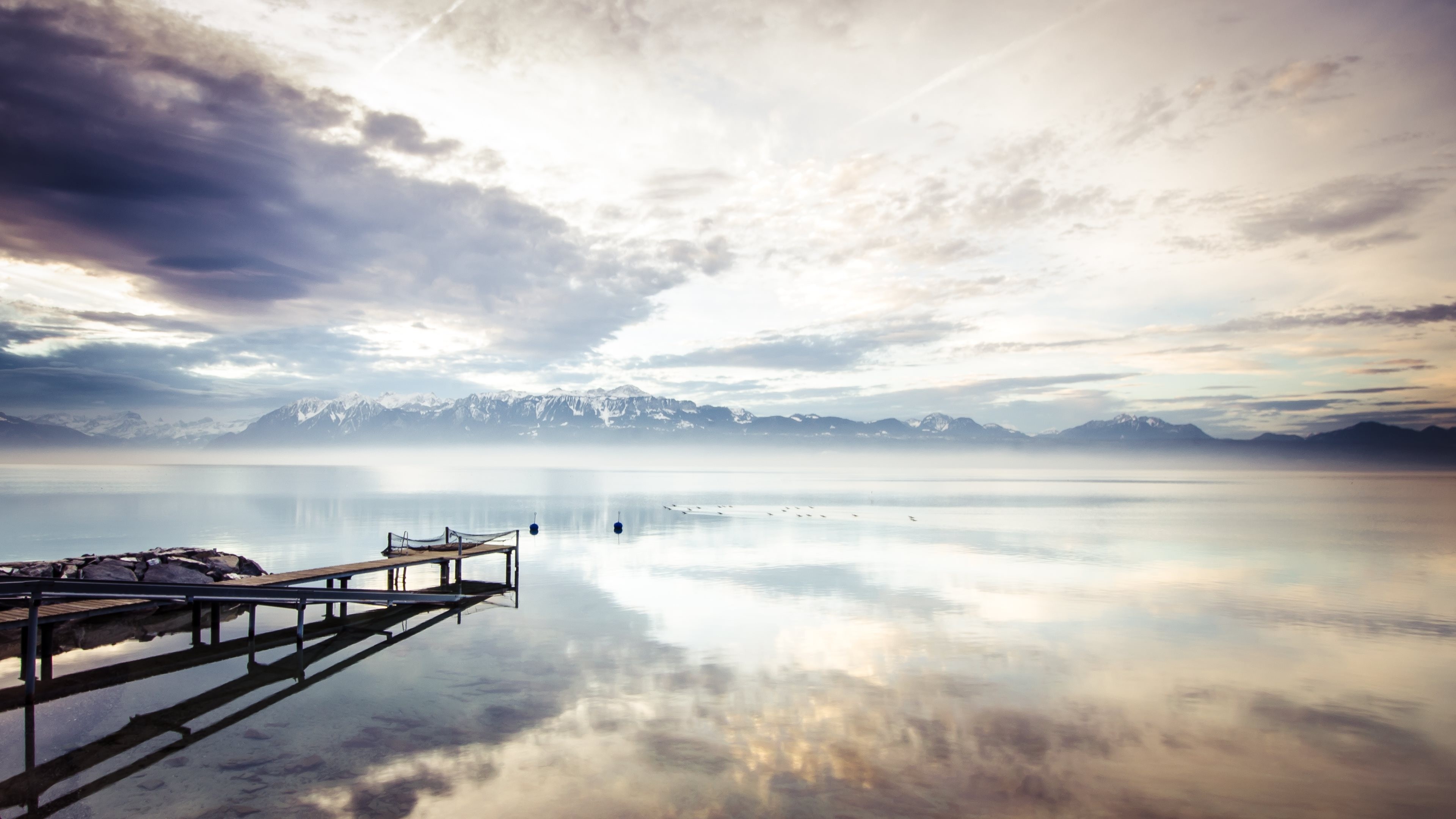 lake, 4k, sea, mountains, nature, reflection, water, white, sky, clouds, HD Wallpaper