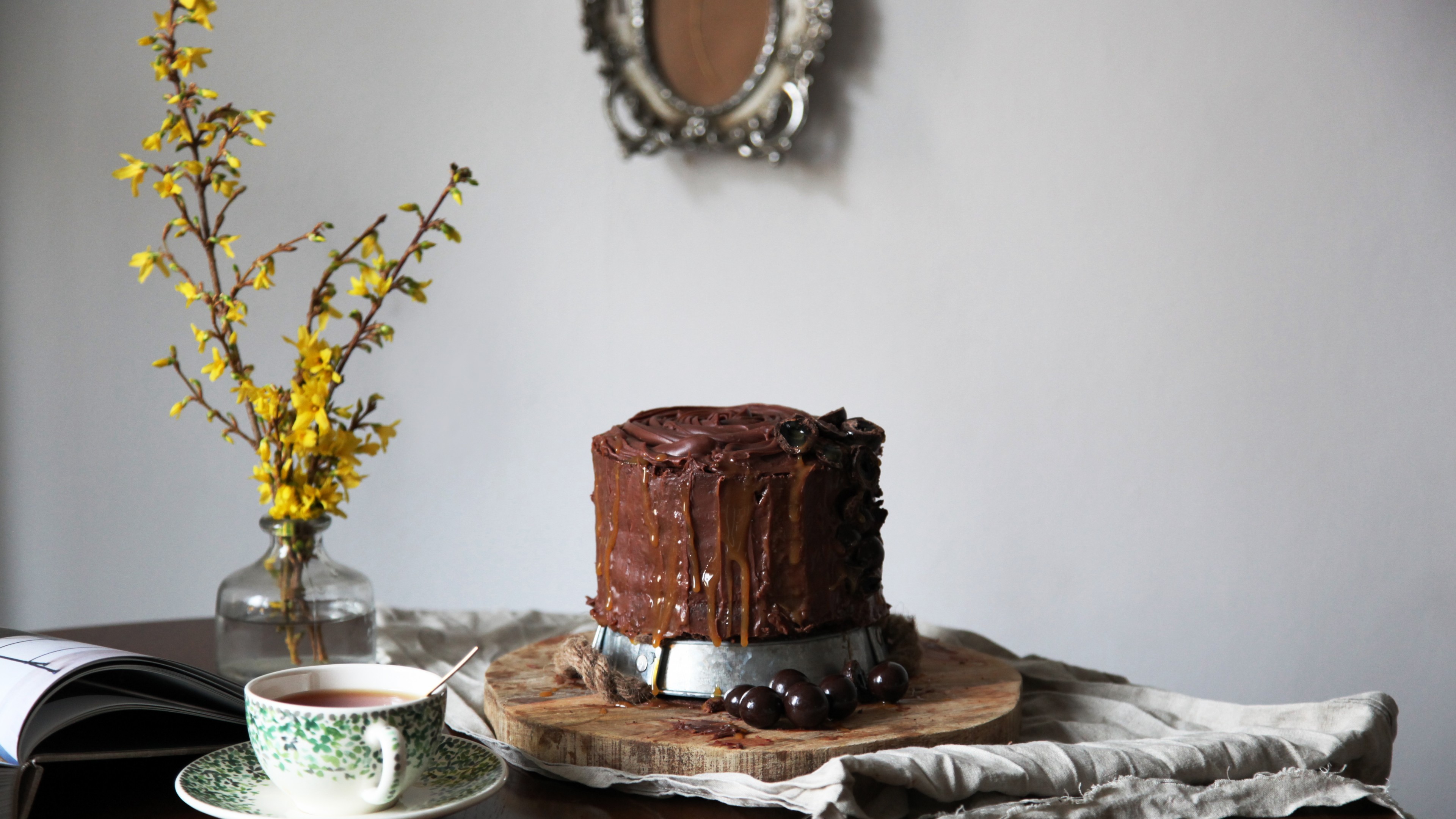 cake, chocolate, cherries, raisins, HD Wallpaper