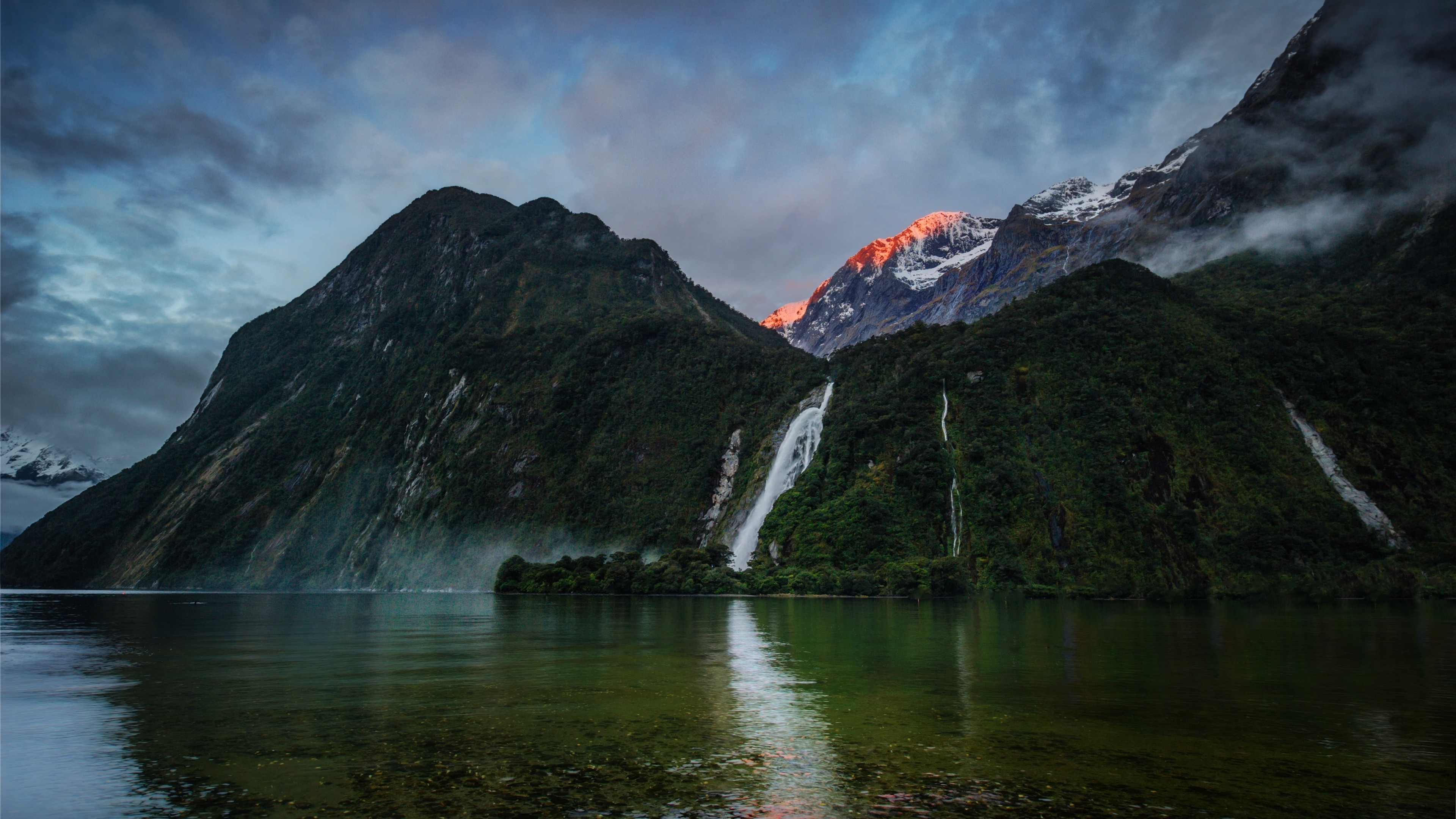 waterfalls, 4K, mountains, sunset, lake, beach, foliage, plants, sky, clouds, HD Wallpaper