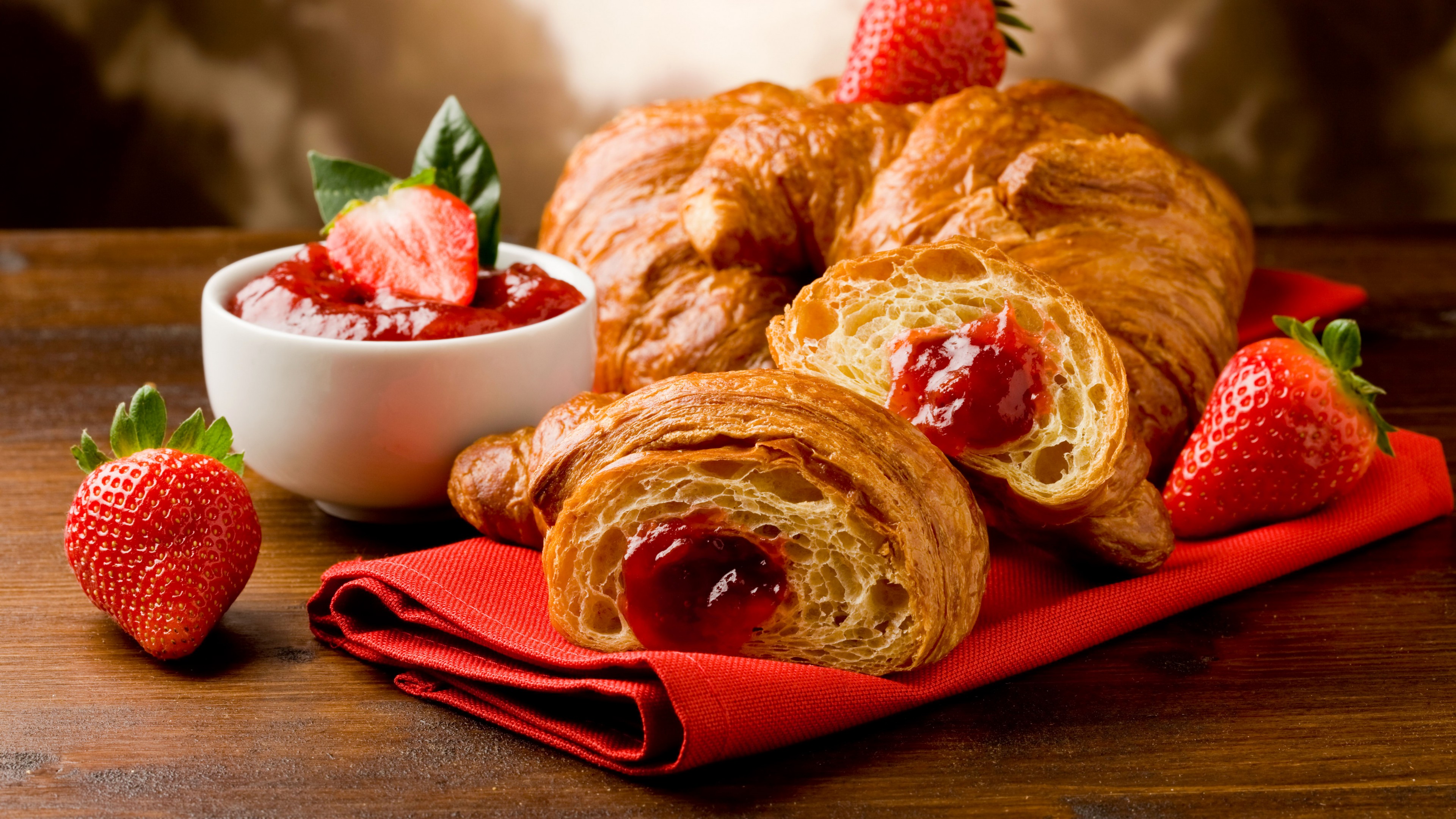 French croissants, fruit, strawberry jam, HD Wallpaper