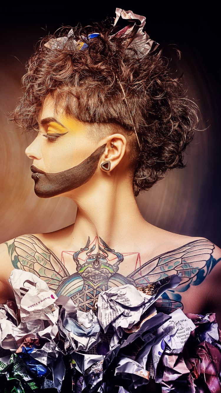Women Tattoo, Brunette, Makeup, Fan, Model, 750x1334, Phone HD Wallpaper