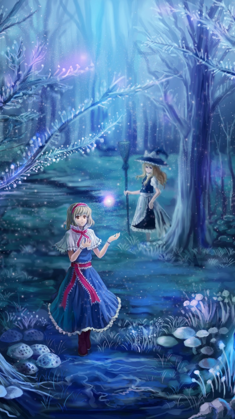 Anime Touhou, Marisa Kirisame, Alice Margatroid, Forest, Broom, Blonde, 750x1334, Phone HD Wallpaper