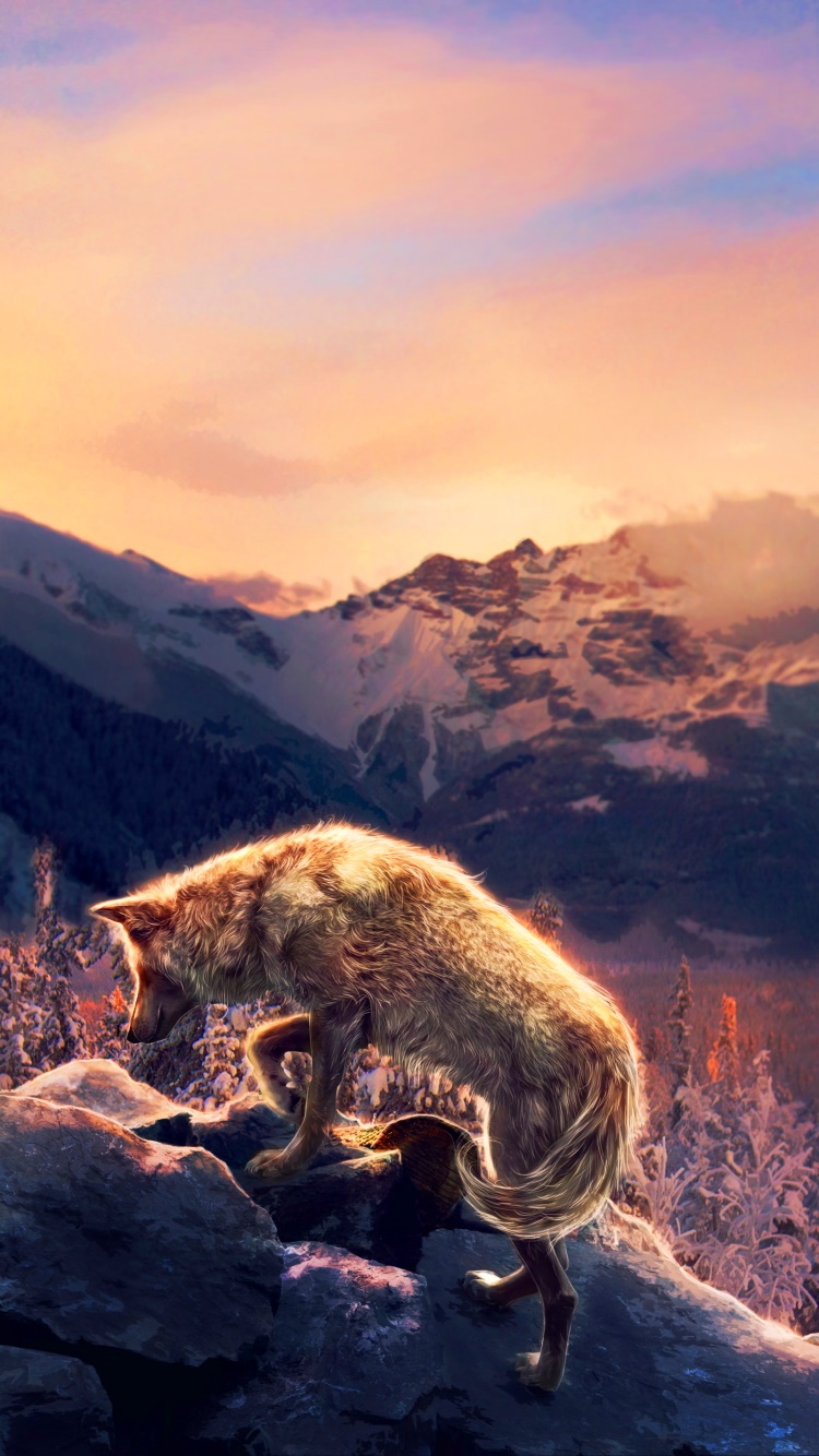Fantasy Wolf, Landscape, Winter, Nature, Mountain, 750x1334, Phone HD Wallpaper