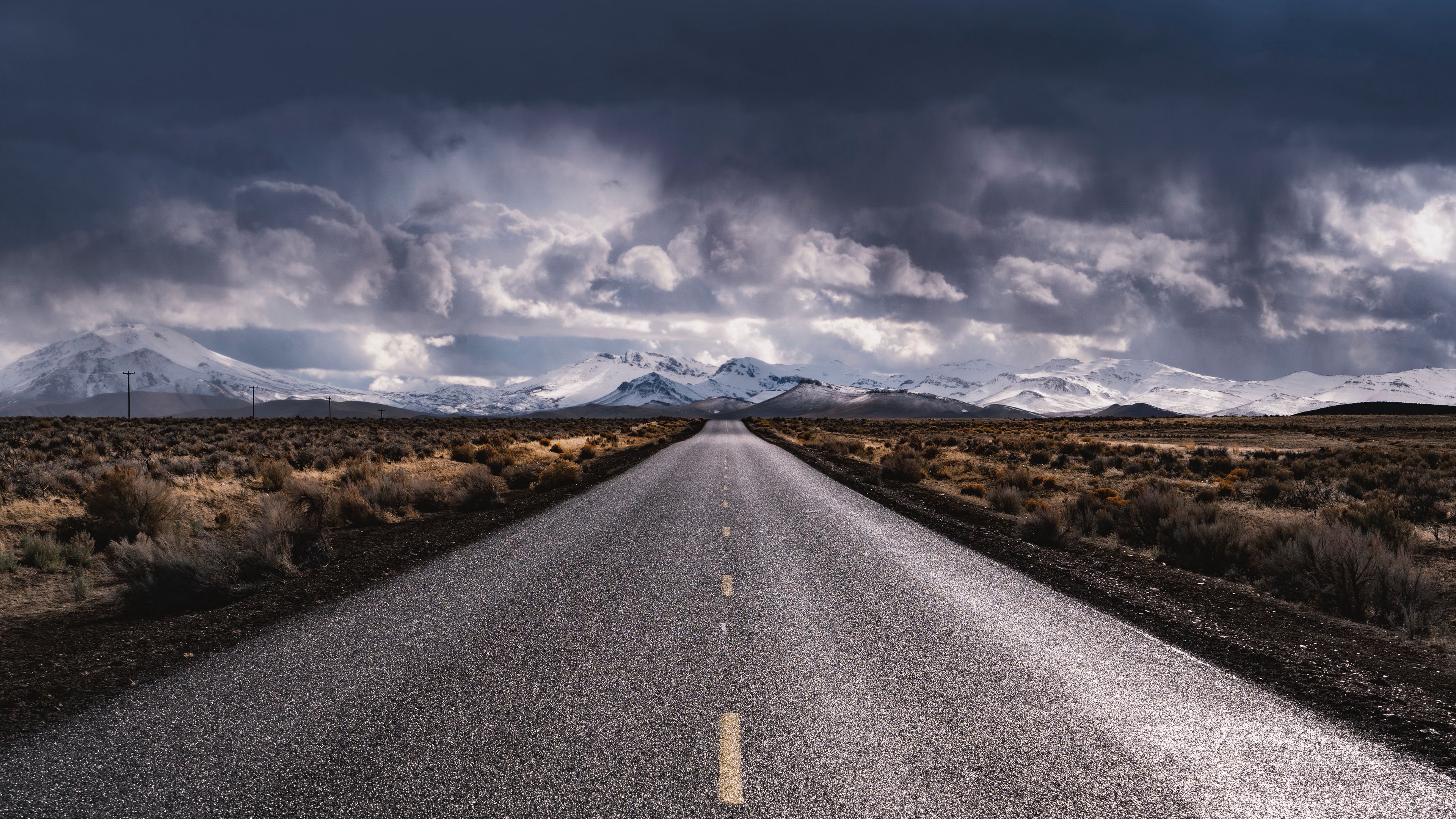 road, marking, distance, mountains, clouds, 4k, HD Wallpaper