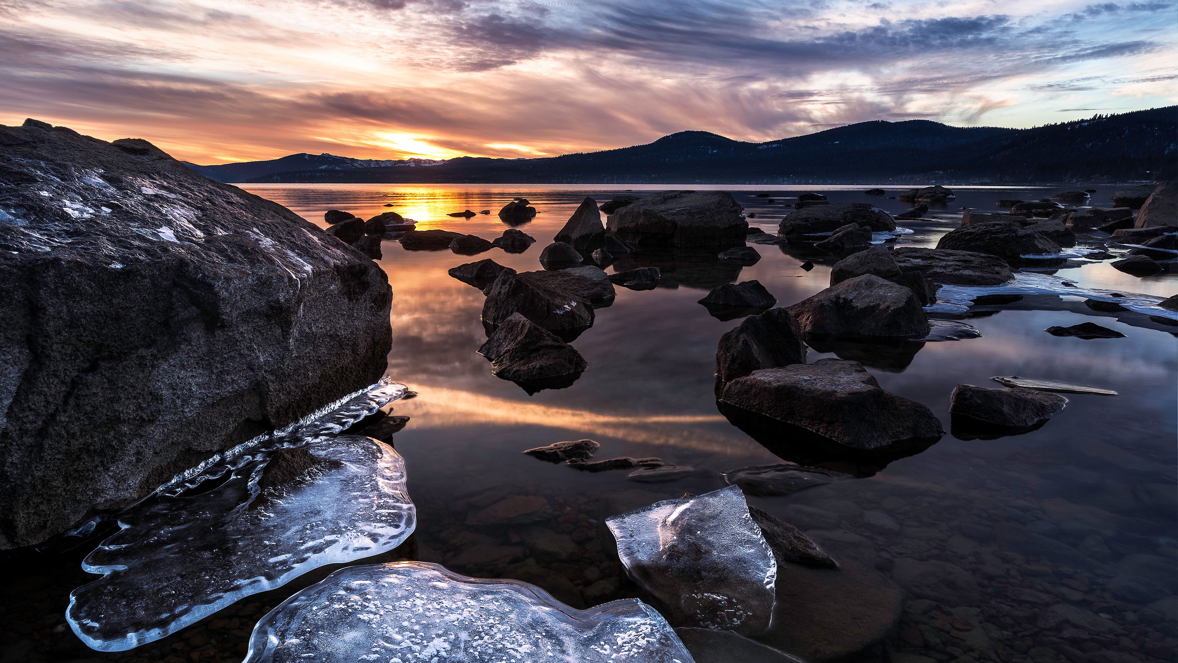 ice, landscape, sunset, 4k, HD Wallpaper