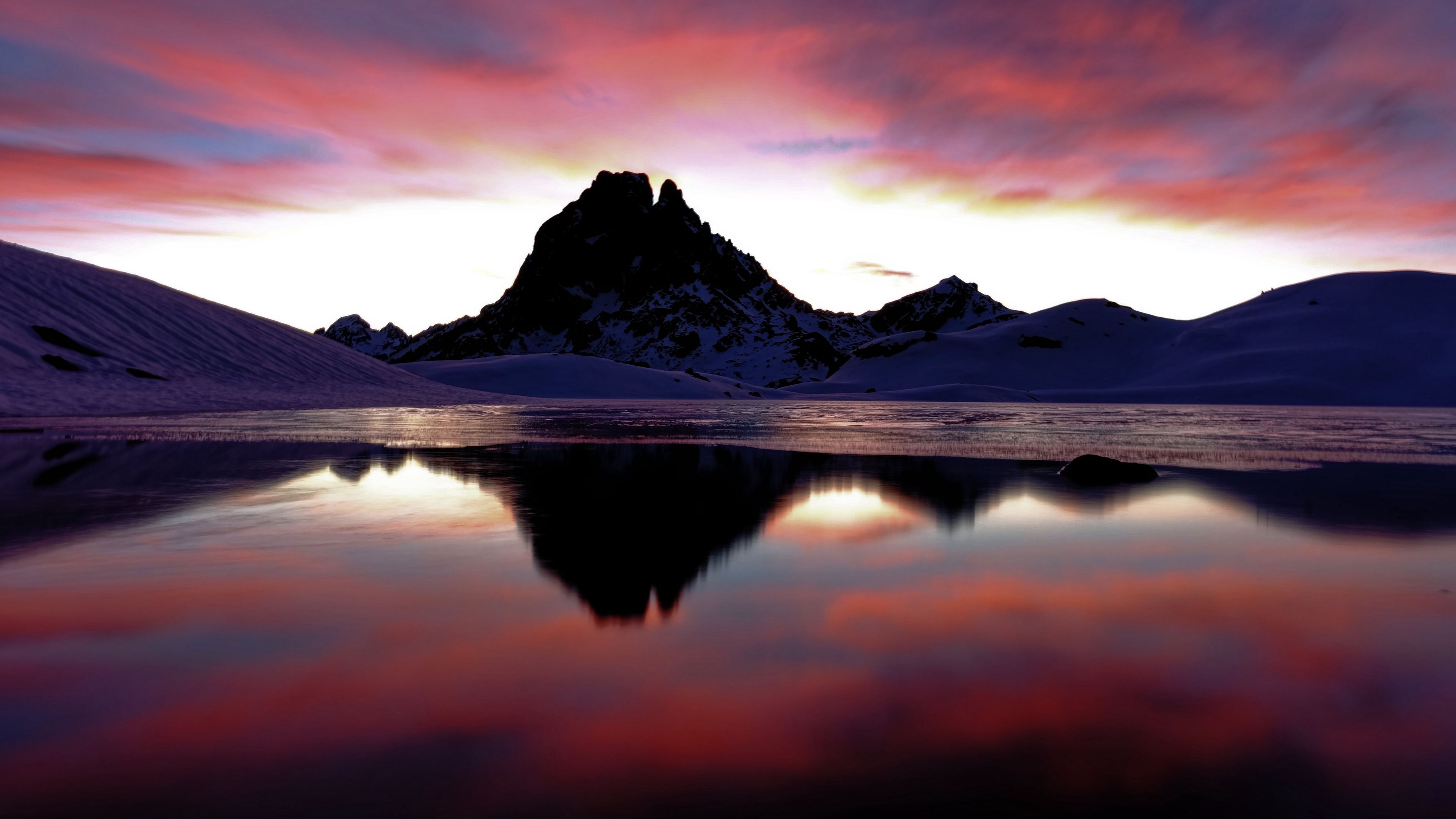 peak, silhouette, sunset, pink, 4k, HD Wallpaper