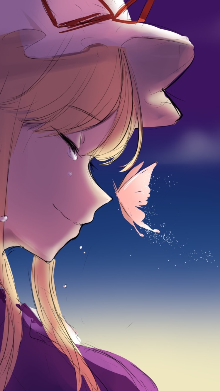 Anime Touhou, Butterfly, Smile, Yukari Yakumo, Blonde, Tears, 750x1334, Phone HD Wallpaper