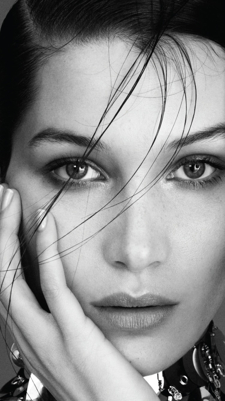 Women Bella Hadid, American, Model, Face, Brunette, Black and White, 750x1334, Phone HD Wallpaper