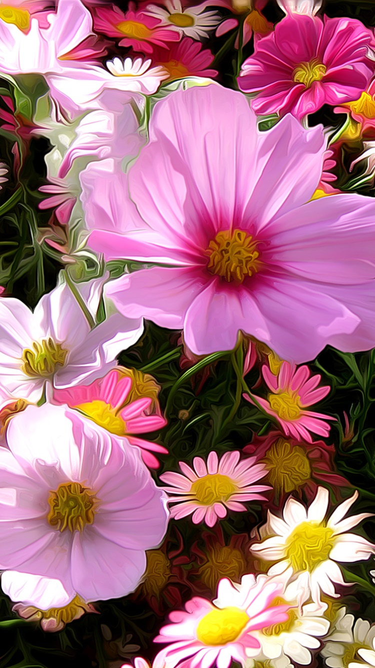 Artistic Flower, Pink Flower, Field, Painting, Close-up, Cosmos, 750x1334, Phone HD Wallpaper