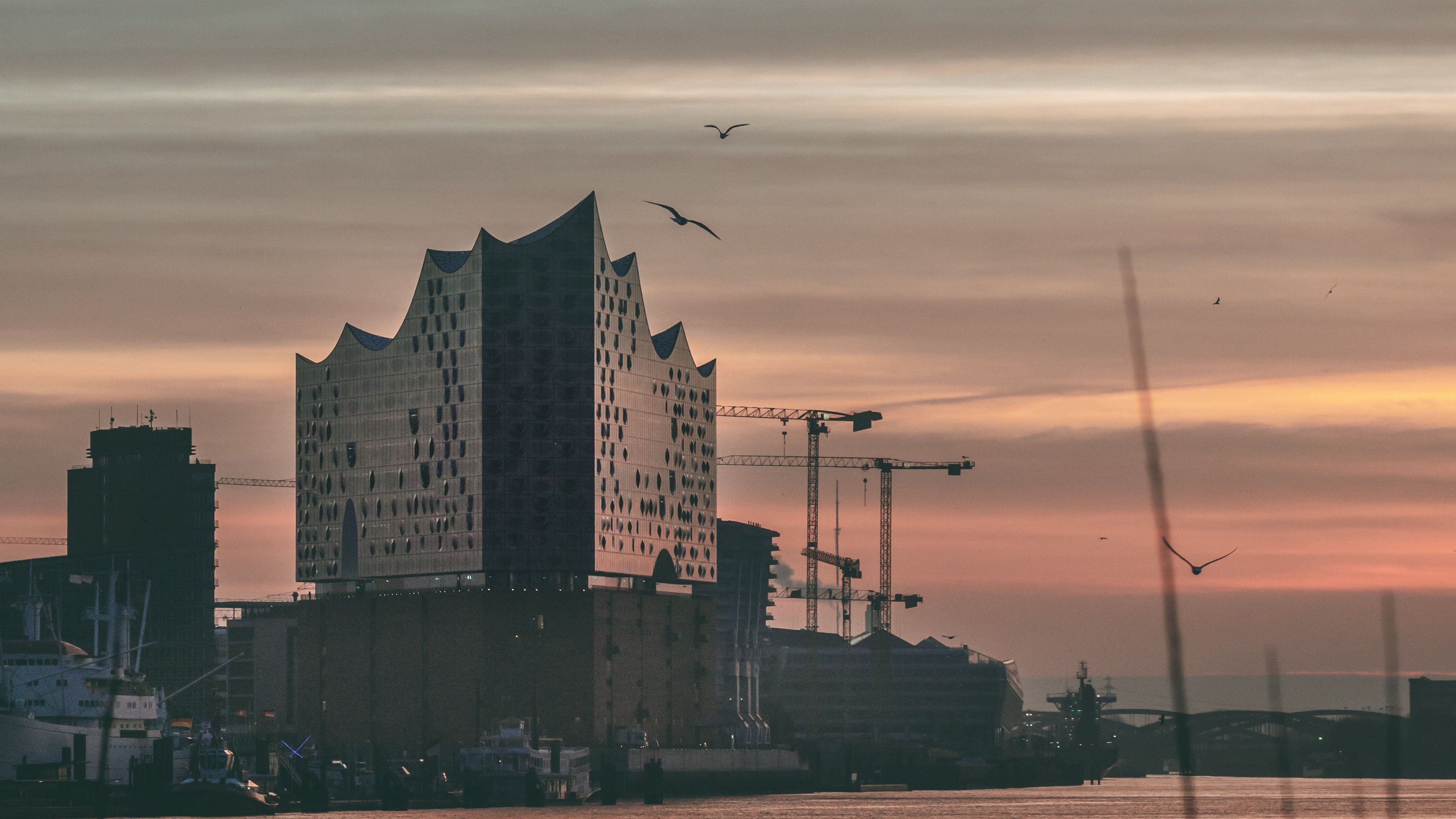 architecture, building, water, sunset, 4k, HD Wallpaper