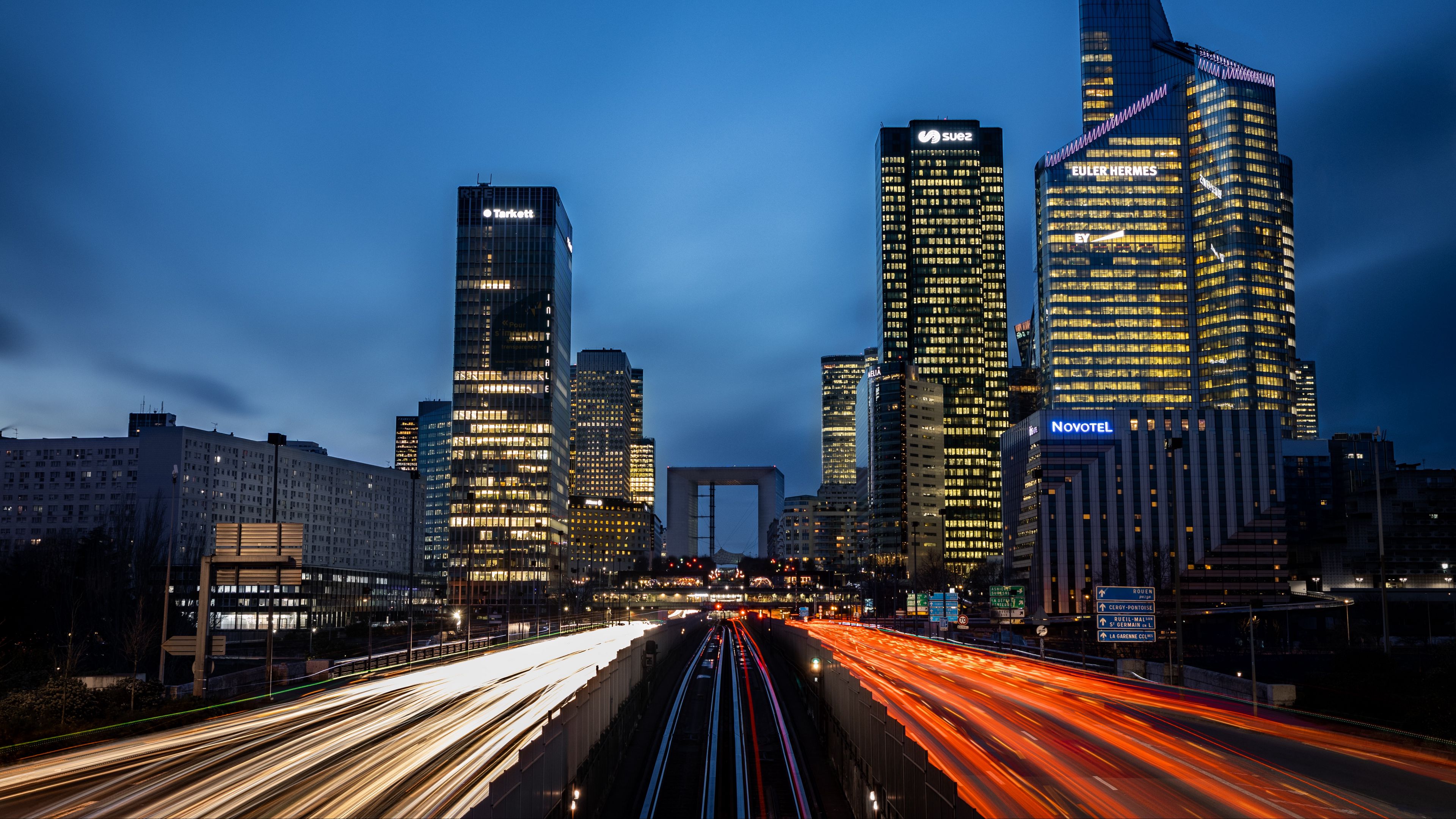 city, buildings, road, lights, long exposure, 4k, HD Wallpaper