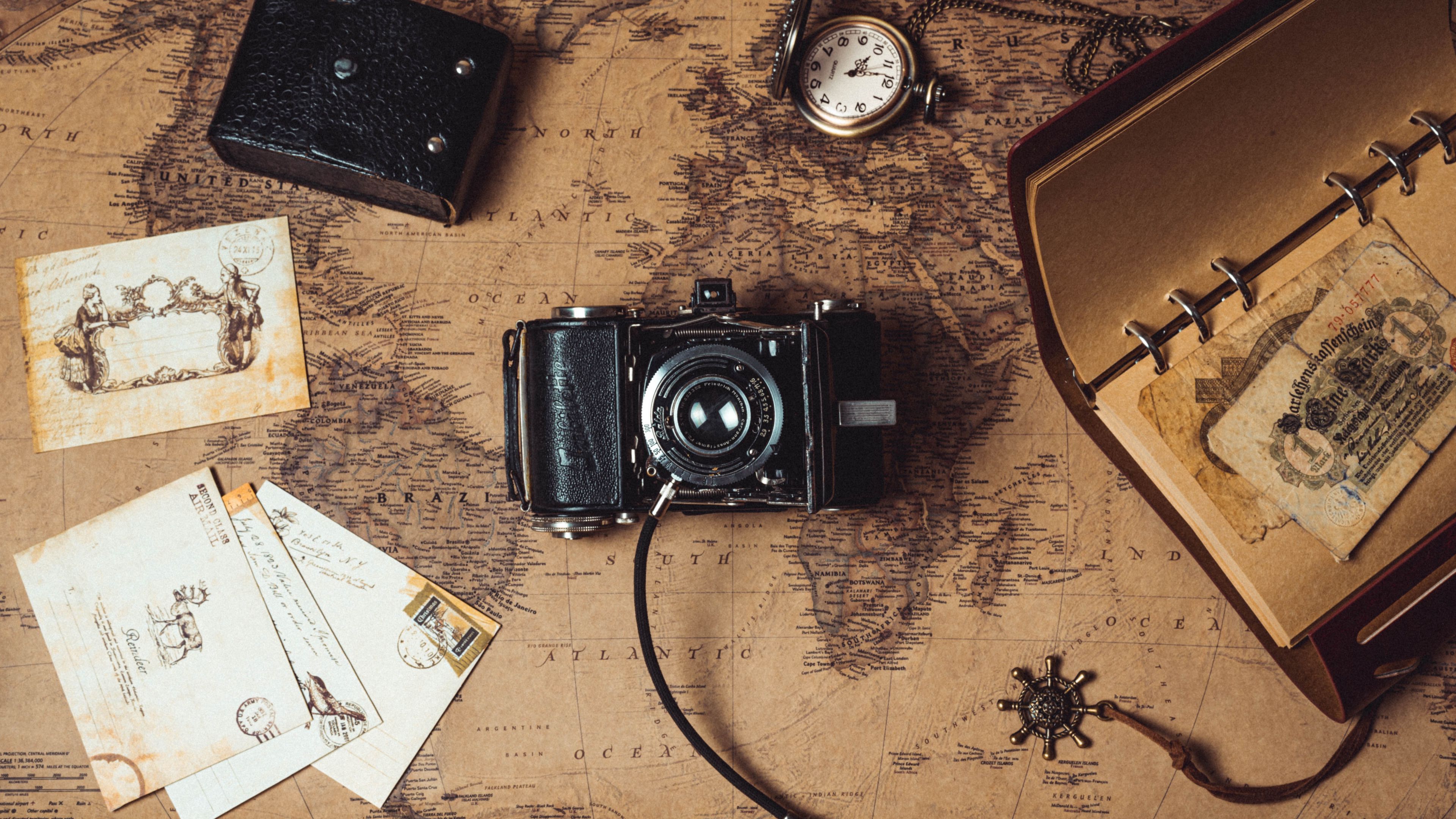 camera, compass, map, old, 4k, HD Wallpaper