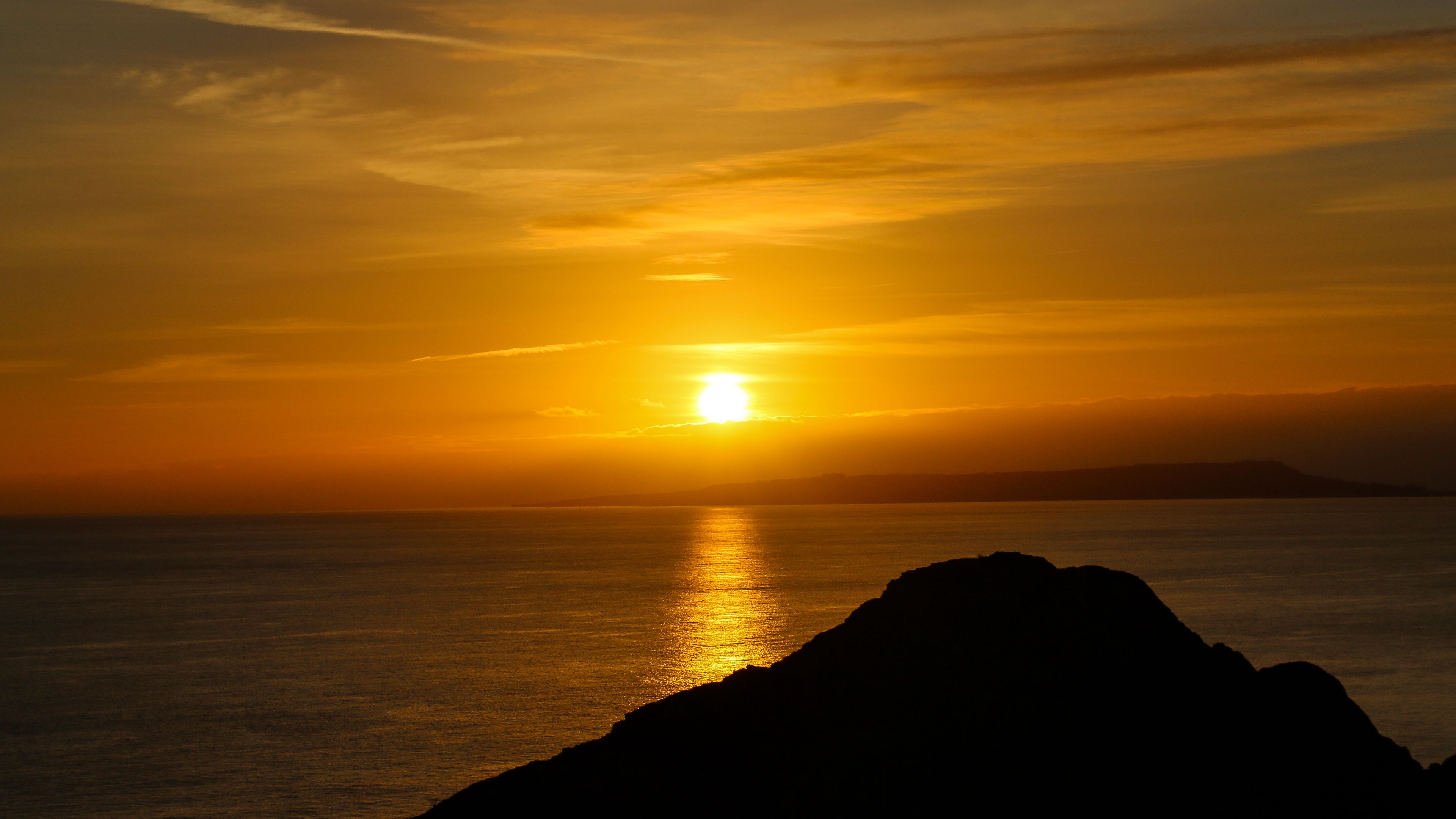 sunset, horizon, sea, sun, 4k, HD Wallpaper
