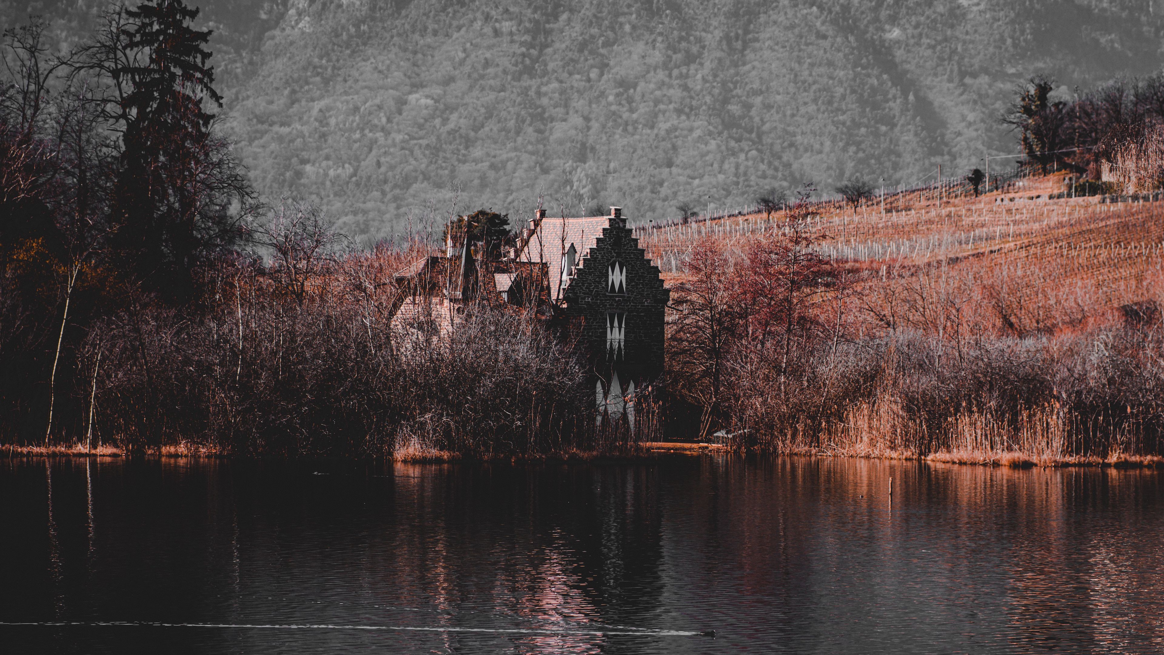 house, lake, autumn, mountains, landscape, 4k, HD Wallpaper