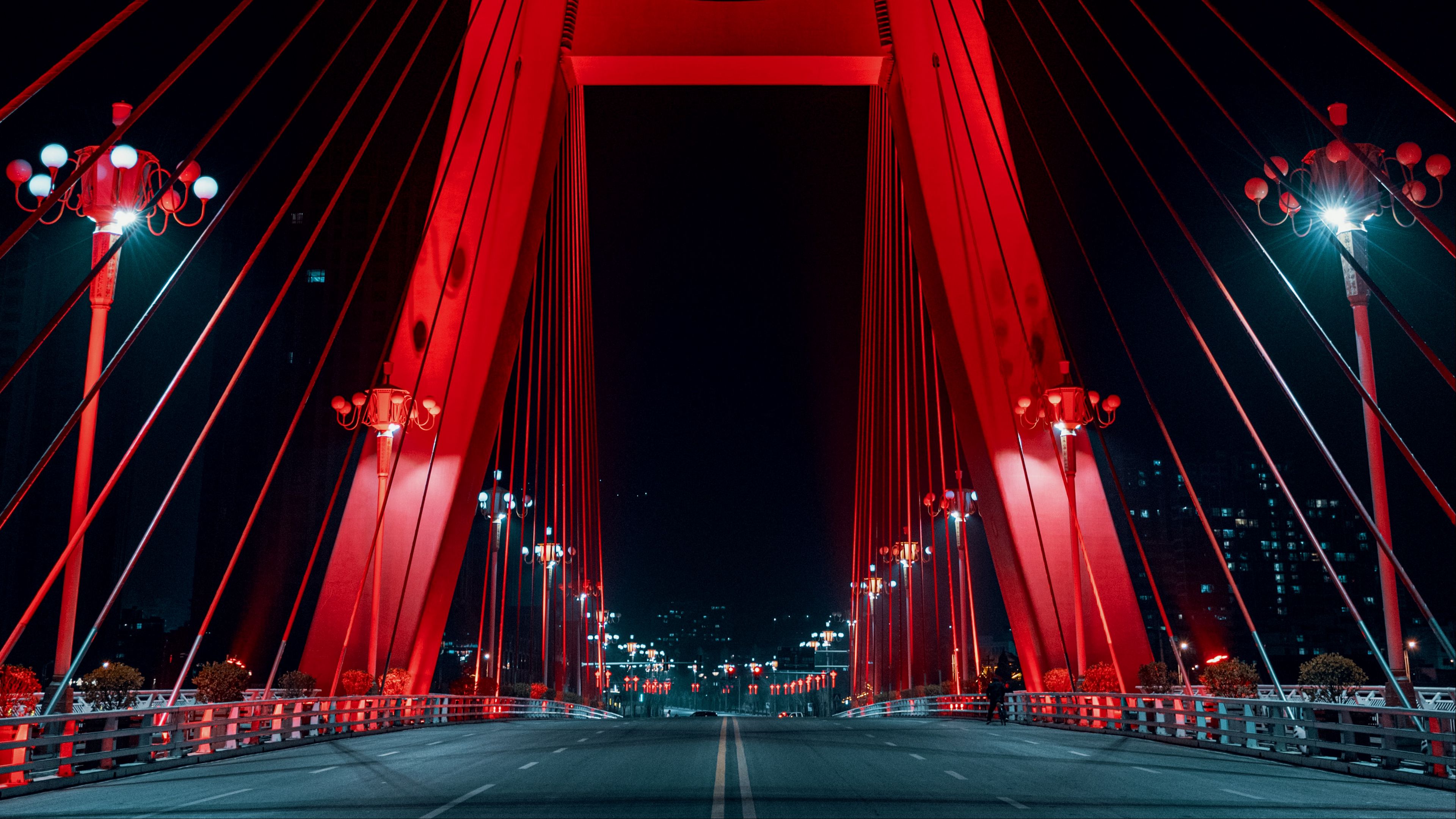 bridge, neon, road, red, 4k, HD Wallpaper