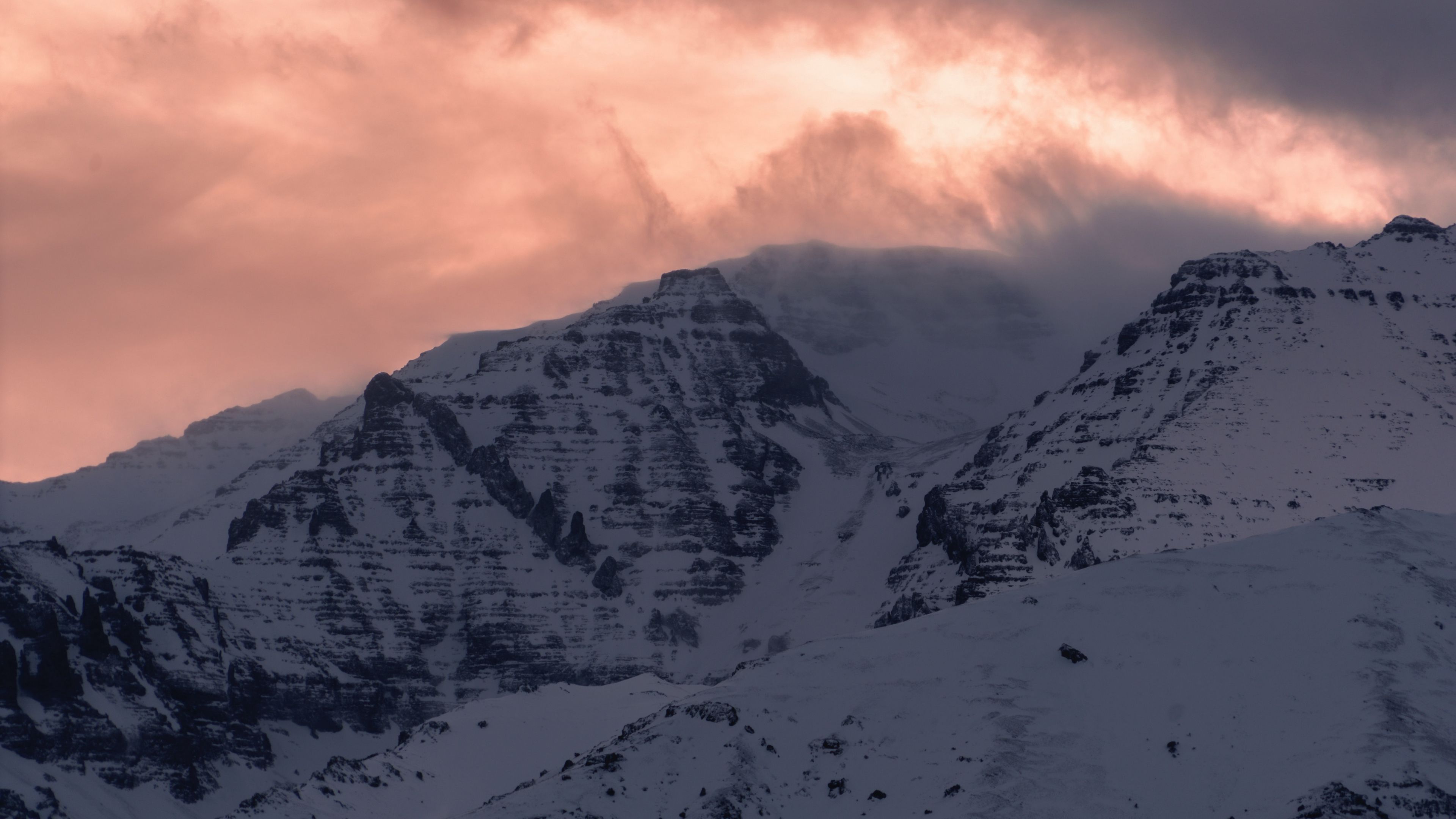 mountains, peak, pink, snow, 4k, HD Wallpaper